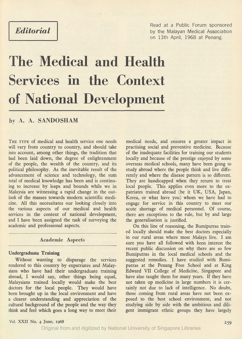 Miniature of Editorial: Medical and Health Services in the Context of National Development