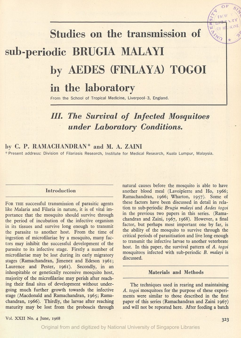 Miniature of Studies on the transmission of sub-periodic Brugia Malayi