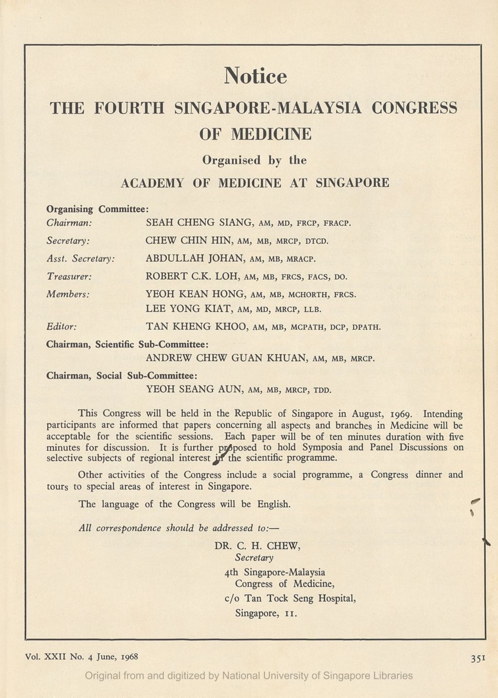 Miniature of Medical Journal of Malaya. Volume 22, Number 4. Notice