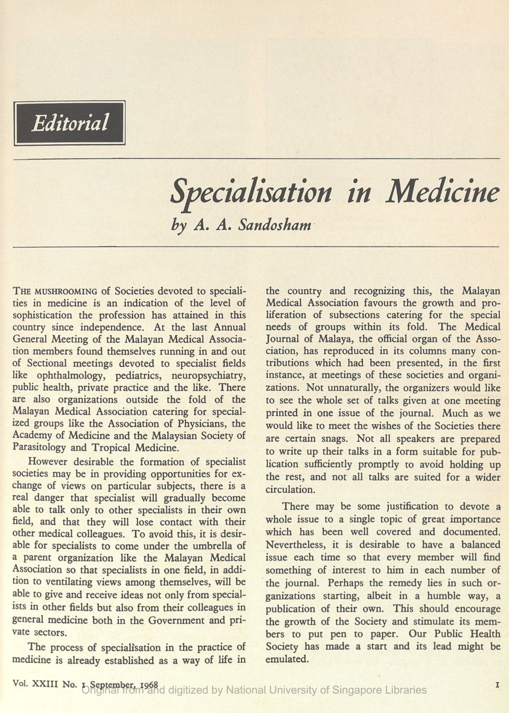 Miniature of Editorial: Specialisation in Medicine