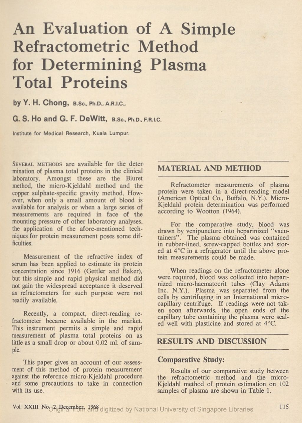 Miniature of Evaluation of a Simple Refractometric Method for determining Plasma Total Proteins