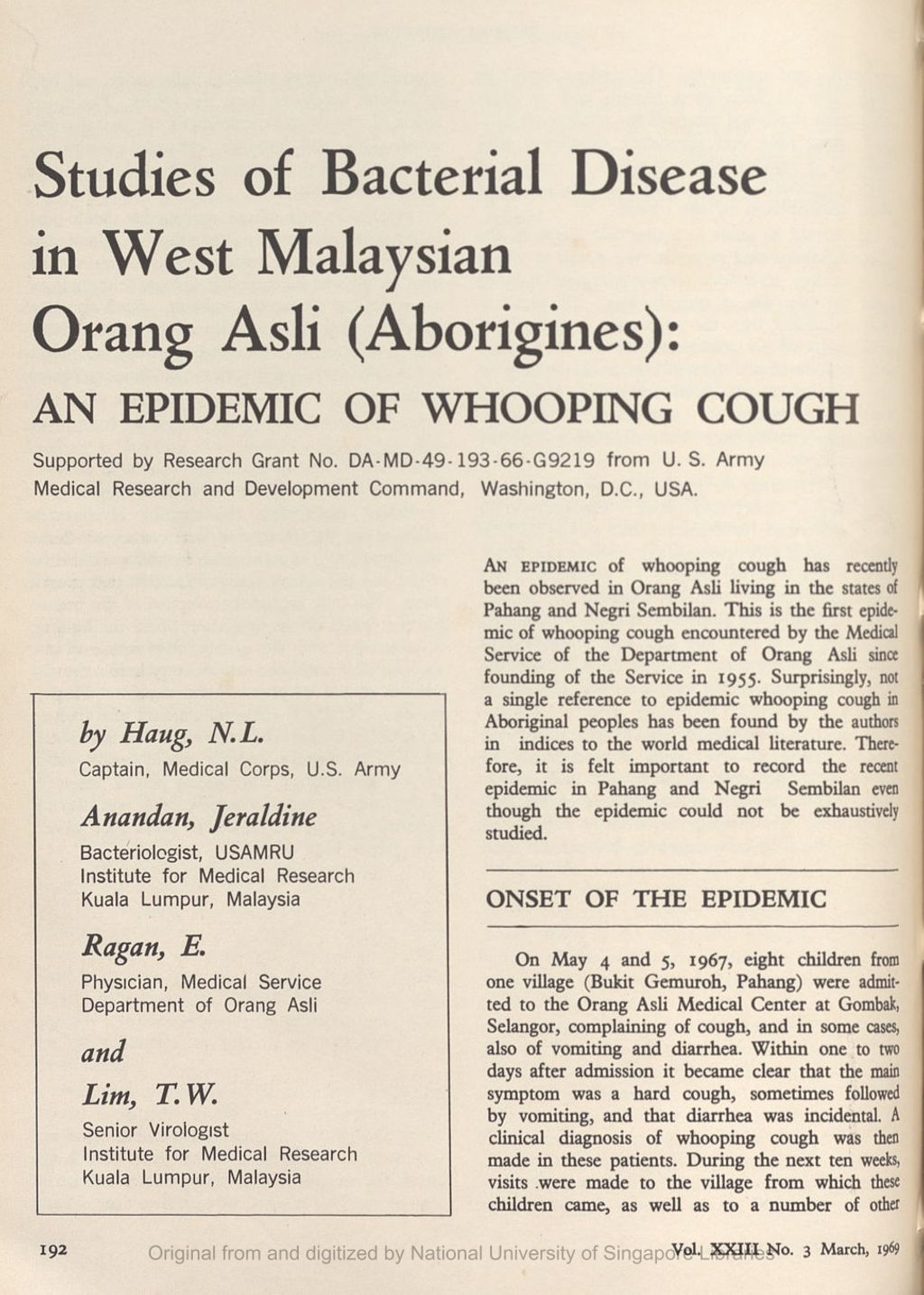 Miniature of Studies of bacterial disease in W.Malaysian Orang Asli: An epidemic of whooping cough