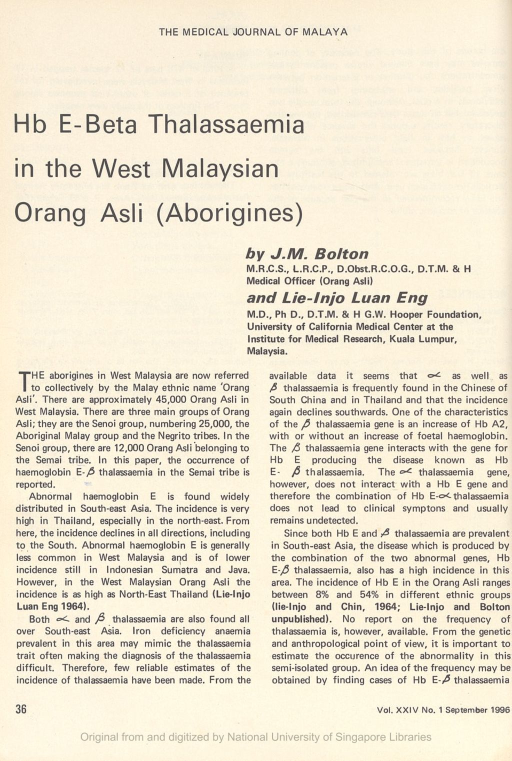 Miniature of Hb E.Beta thalassaemia in the West Malaysian Orang Asli (Aborigines)