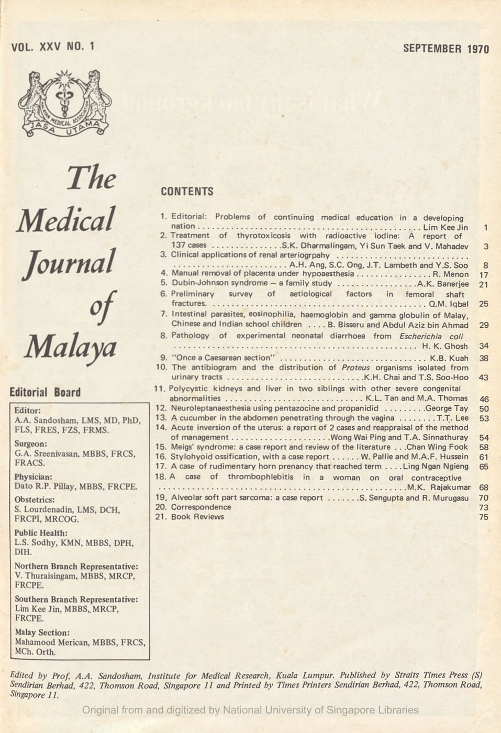 Miniature of Medical Journal of Malaya. Volume 25, Number 1