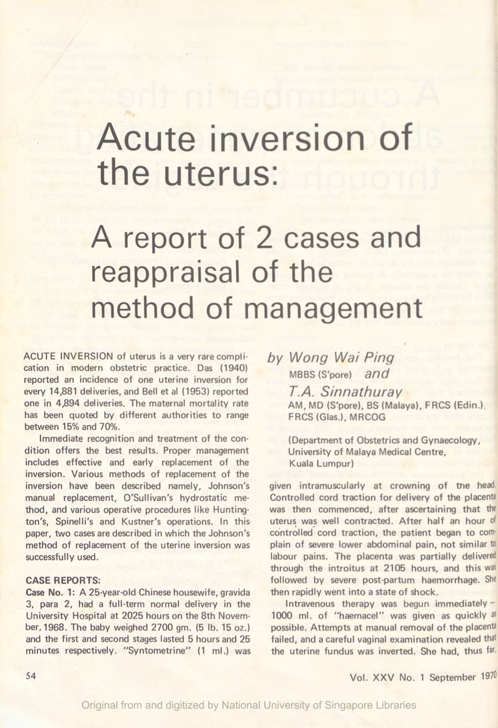 Miniature of Acute inversion of the uterus: a report of 2 cases and reappraisal of the method of management