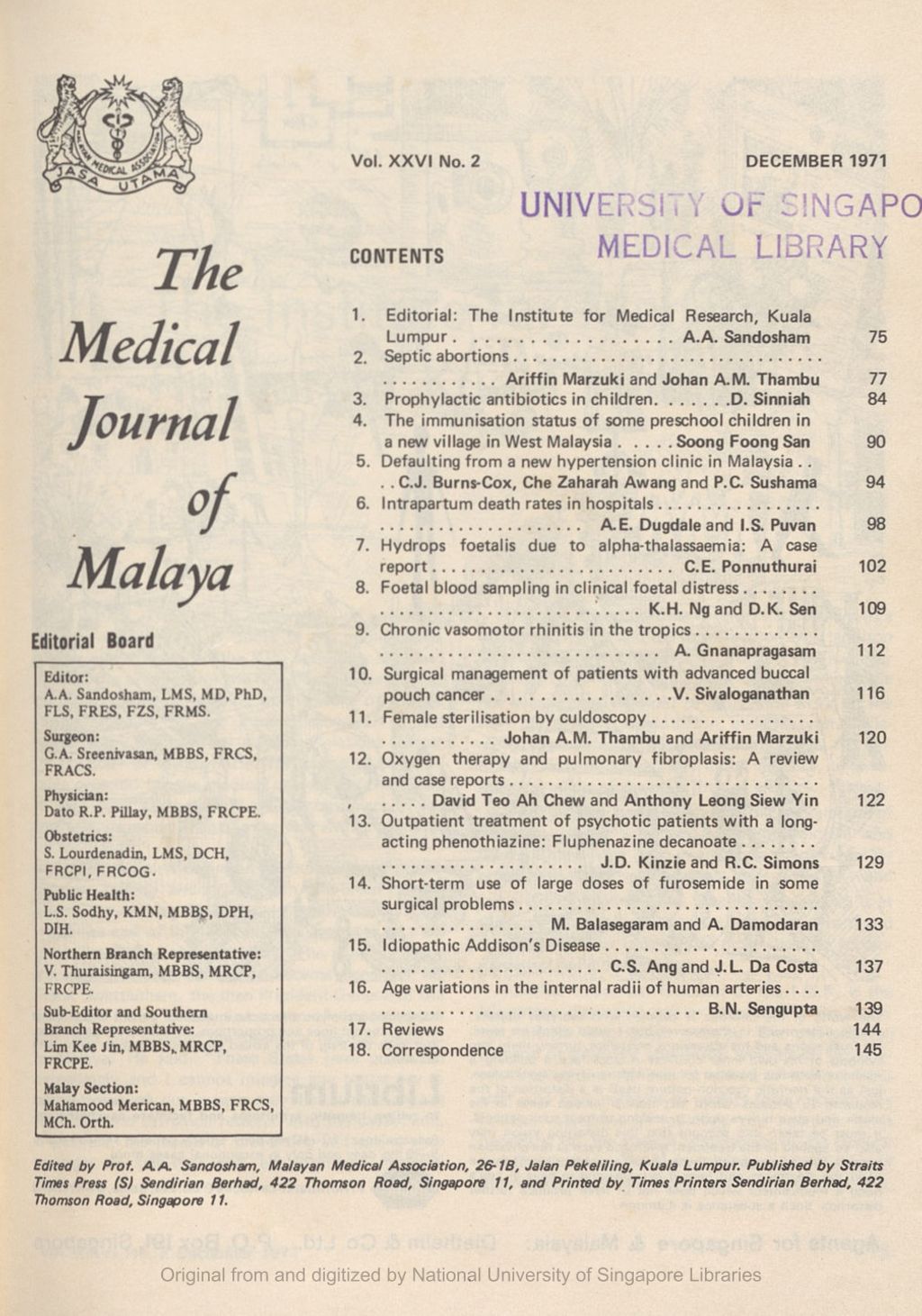 Miniature of Medical Journal of Malaya. Volume 26, Number 2