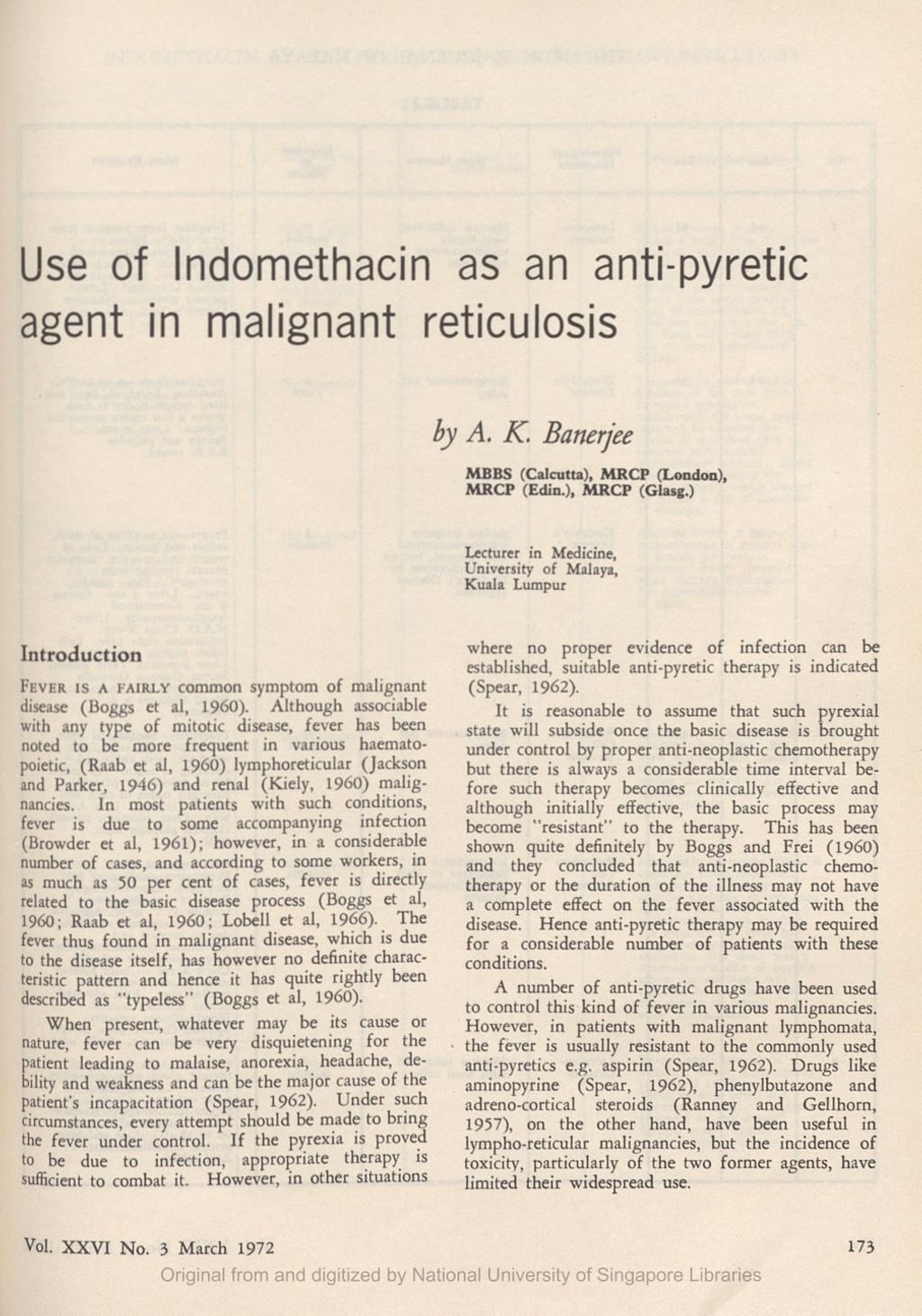 Miniature of Use of Indomethacin as an antipyretic agent in malignant reticulosis