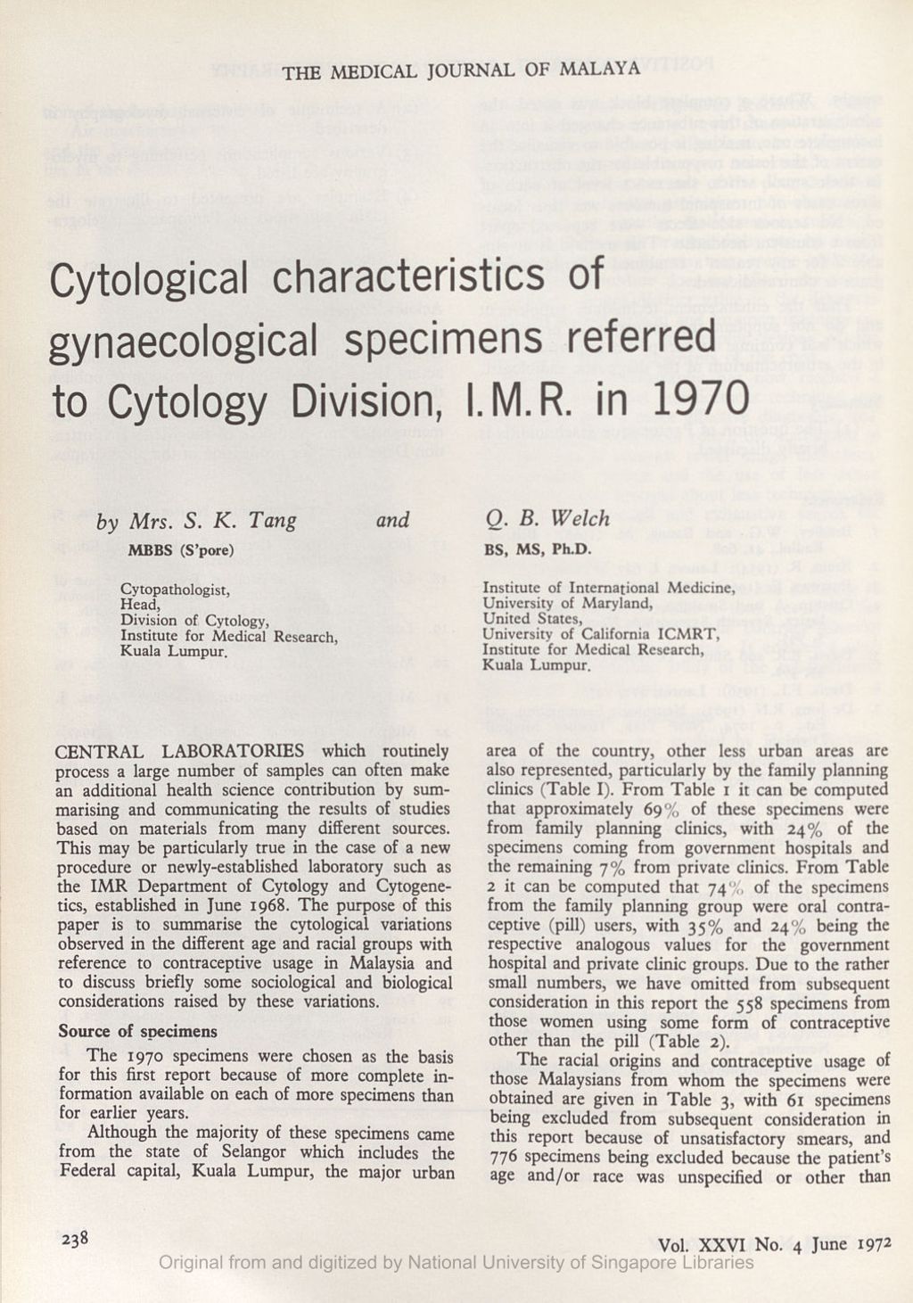 Miniature of Cytological characteristics of gynaecological specimens referred to Cytology Division, Institute for Medical Research, in 1970