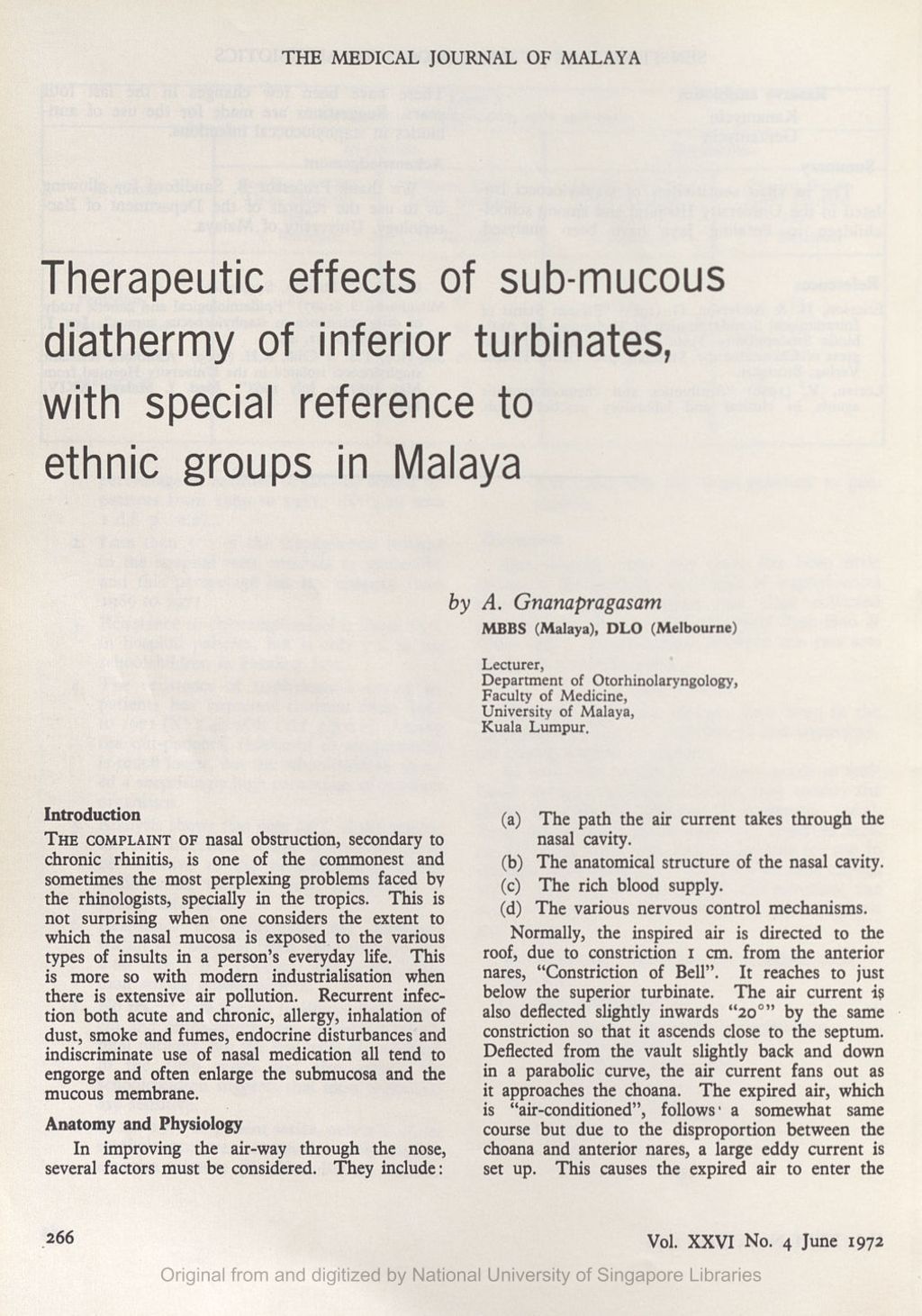 Miniature of Therapeutic effects of sub-mucous diathermy of inferior turbinates: Sub-mucous high frequency dessication with special reference to ethnic groups in Malaya