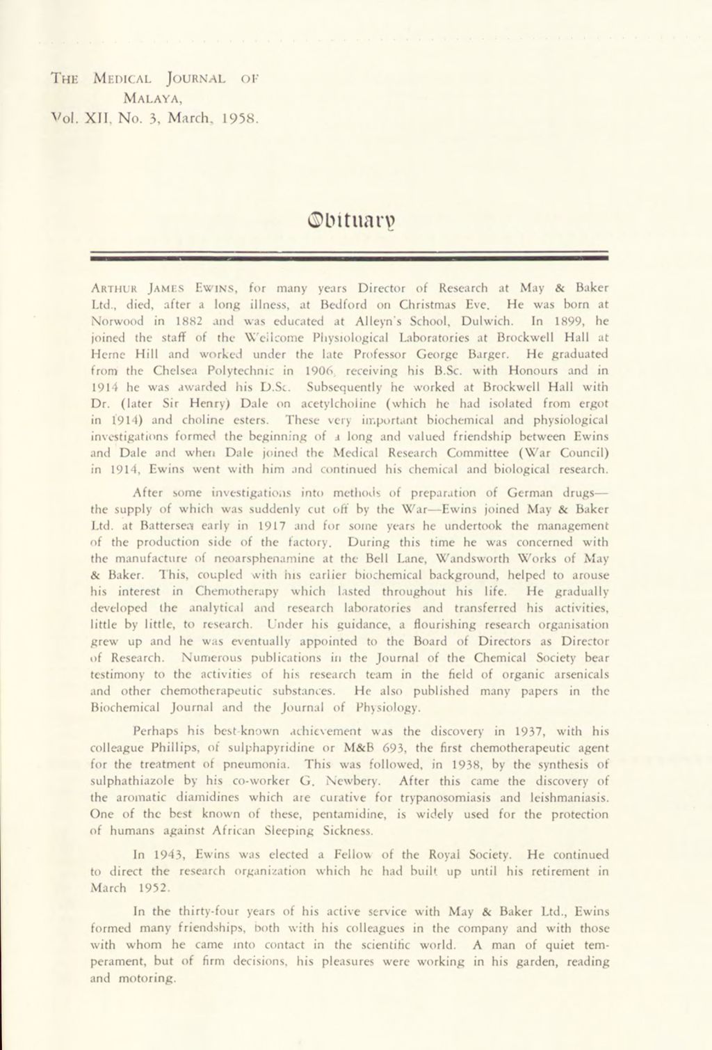 Miniature of Medical Journal of Malaya. Volume 12, Number 3. Obituary