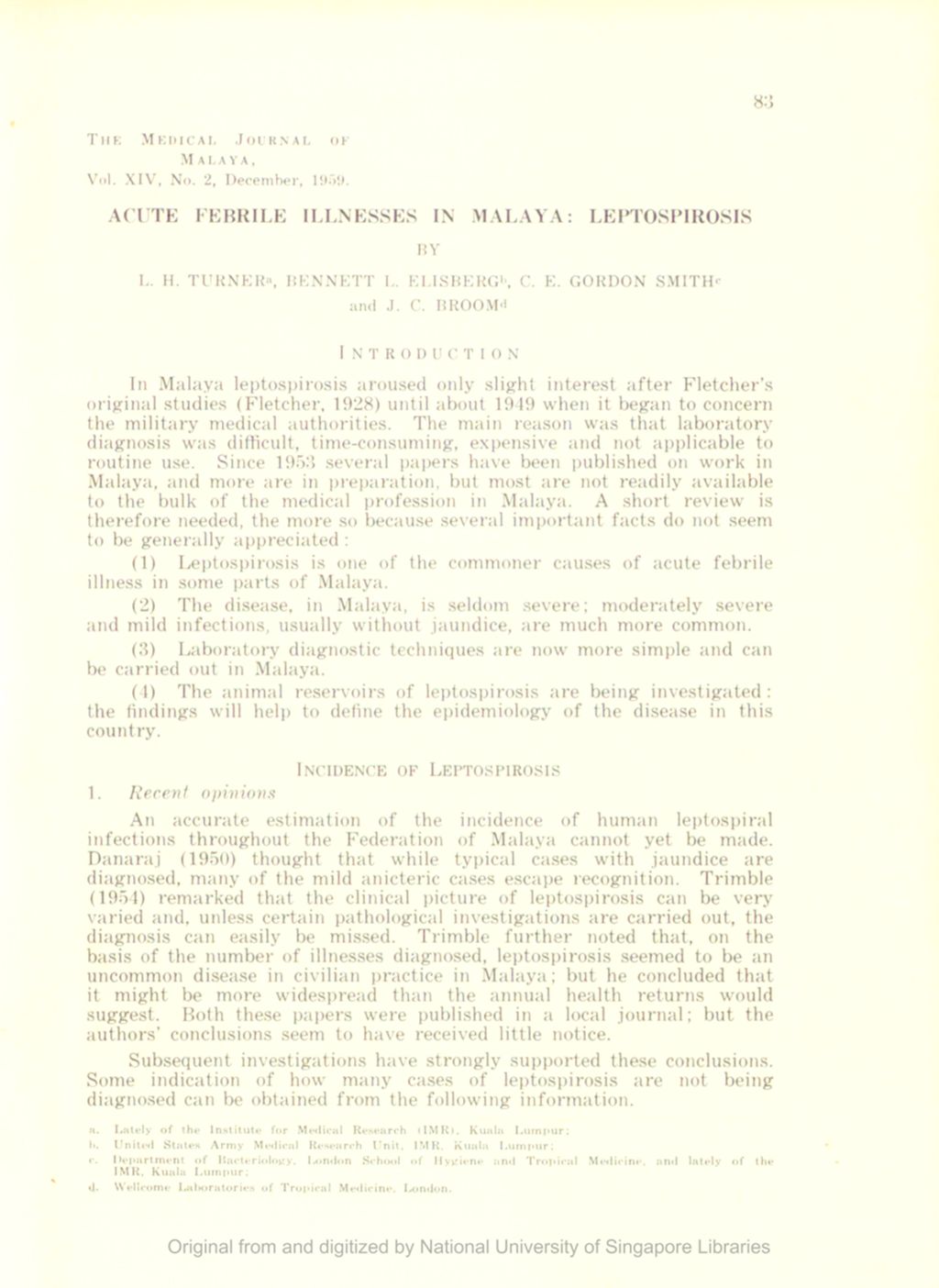 Miniature of Acute Febrile Illnesses In Malaya: Leptospirosis