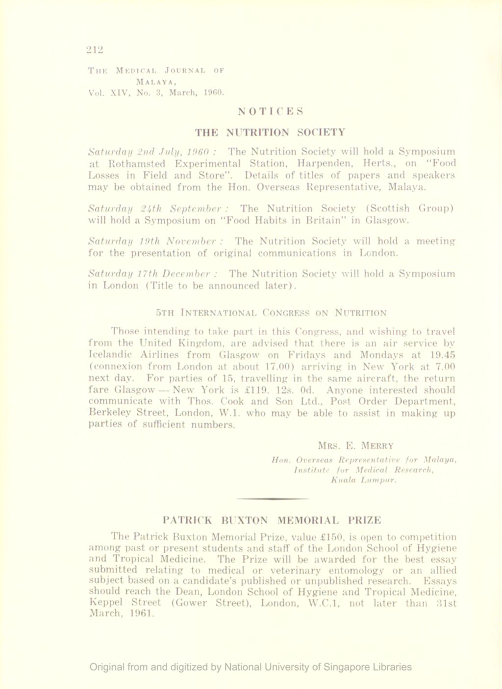 Miniature of Medical Journal of Malaya. Volume 14, Number 3. Notices