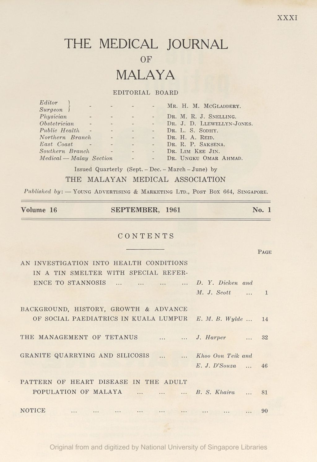 Miniature of Medical Journal of Malaya. Volume 16, Number 1