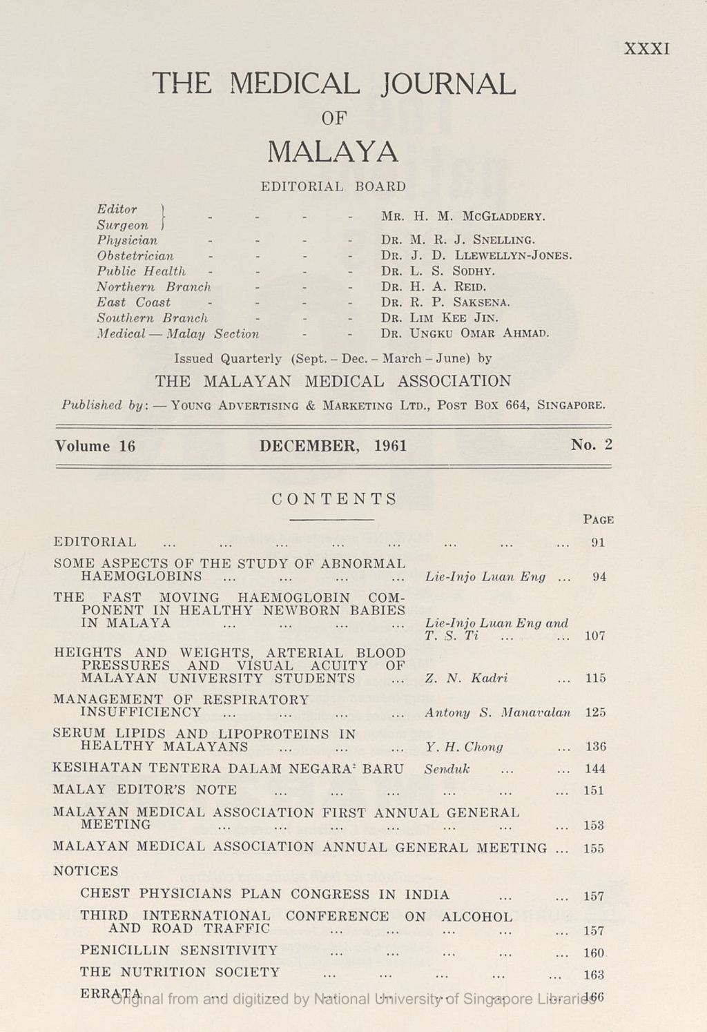 Miniature of Medical Journal of Malaya. Volume 16, Number 2