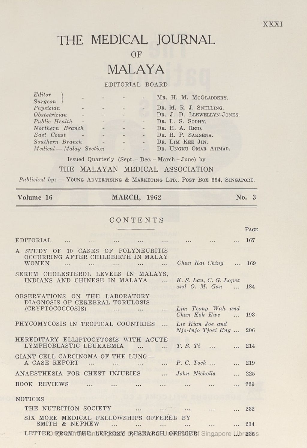 Miniature of Medical Journal of Malaya. Volume 16, Number 3