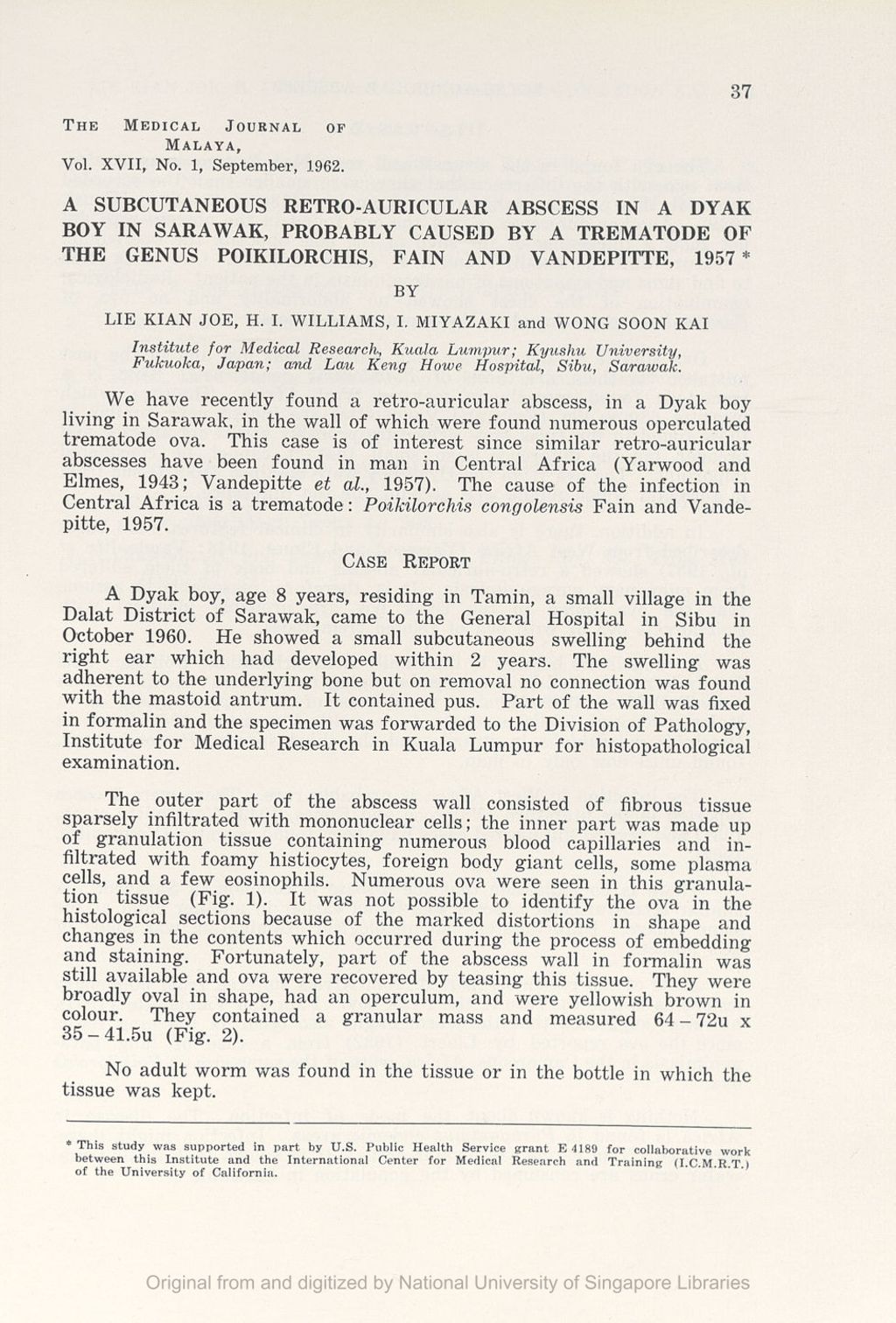 Miniature of Subcutaneous Retro-Auricular Abscess In A Dyak Boy In Sarawak, Probably Caused By A Trematode Of The Genus Poikilorchis, Fain And Vandepitte, 1957