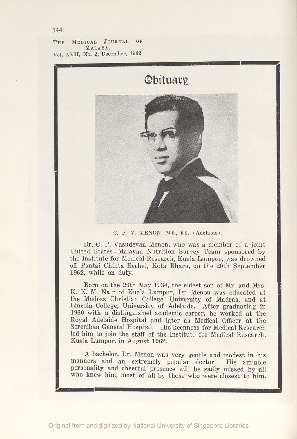 Miniature of Medical Journal of Malaya. Volume 17, Number 2. Obituary