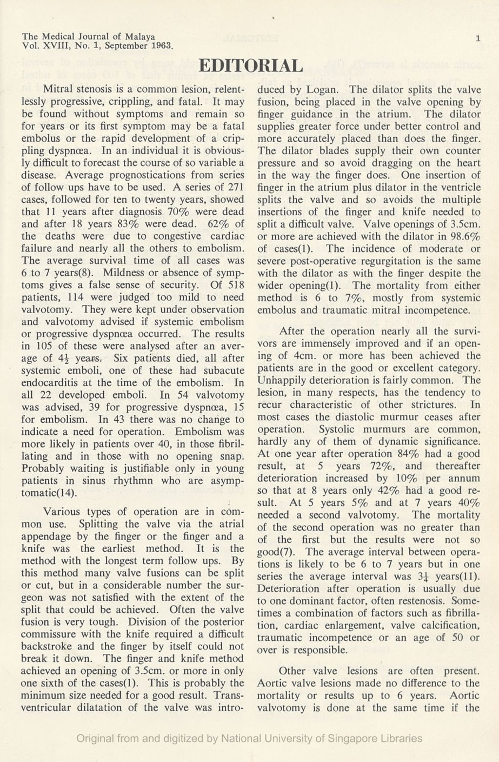 Miniature of Medical Journal of Malaya. Volume 18, Number 1. Editorial