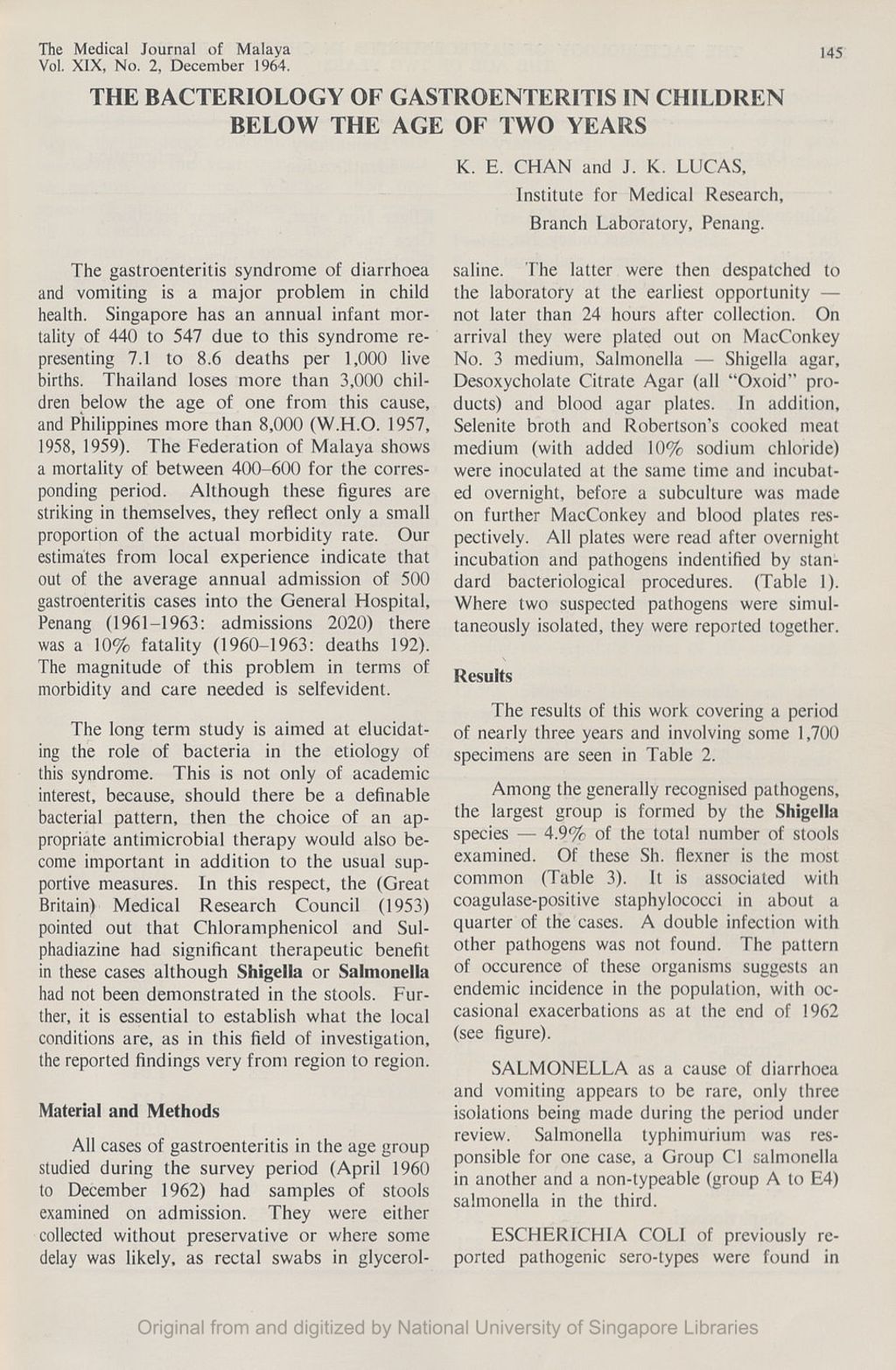 Miniature of Bacteriology Of Gastroenteritis In Children Below The Age Of Two Years