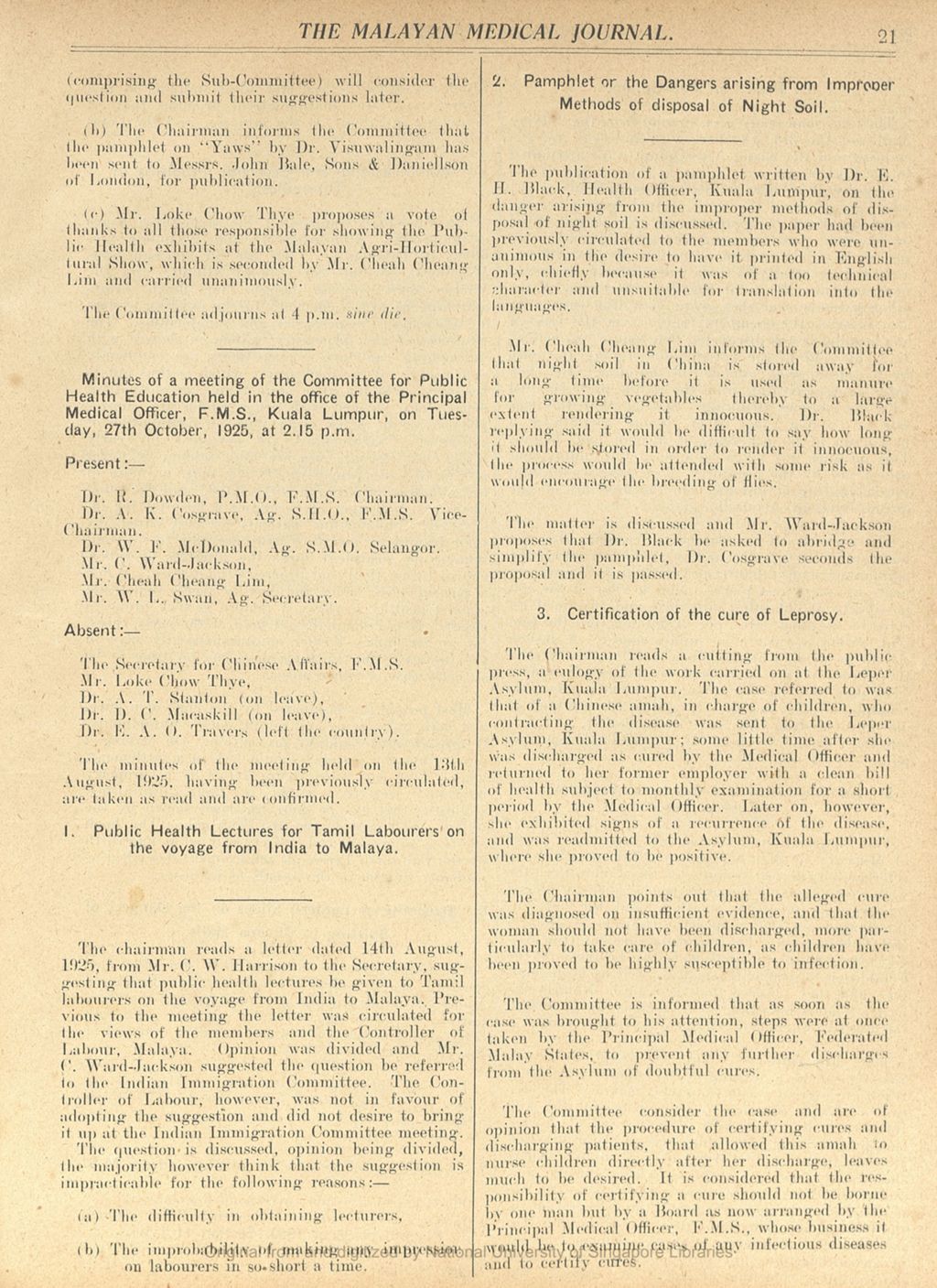 Miniature of The Malayan Medical Journal. Volume 1, Number 1. Minutes of the Public Health Education Committee