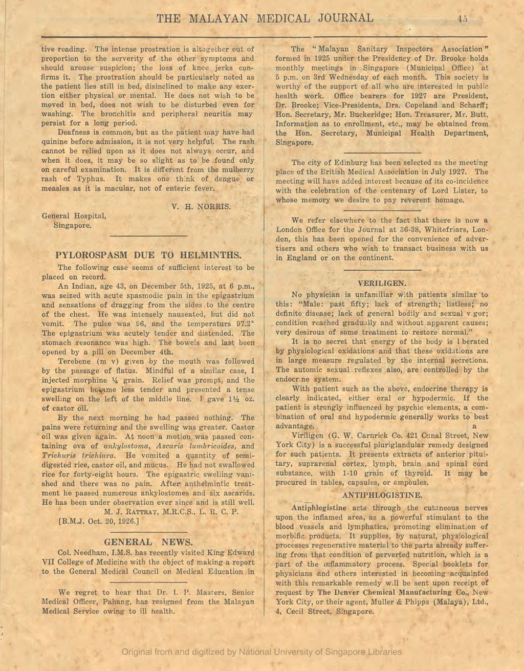 Miniature of The Malayan Medical Journal. Volume 2, Number 1. General News