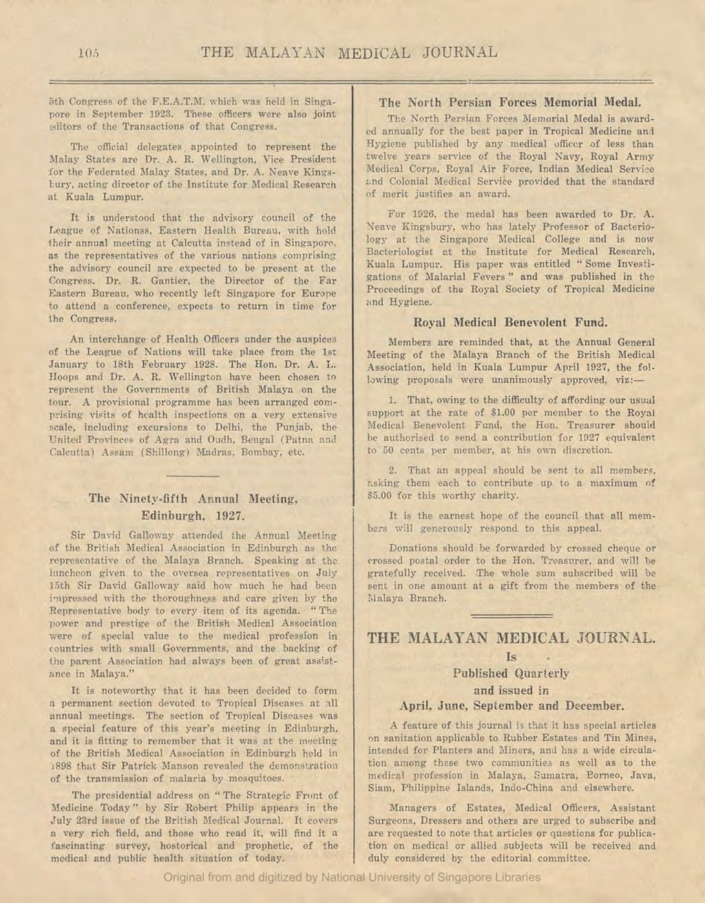 Miniature of The Malayan Medical Journal. Volume 2, Number 3. Royal Medical BeneVolumeent Fund