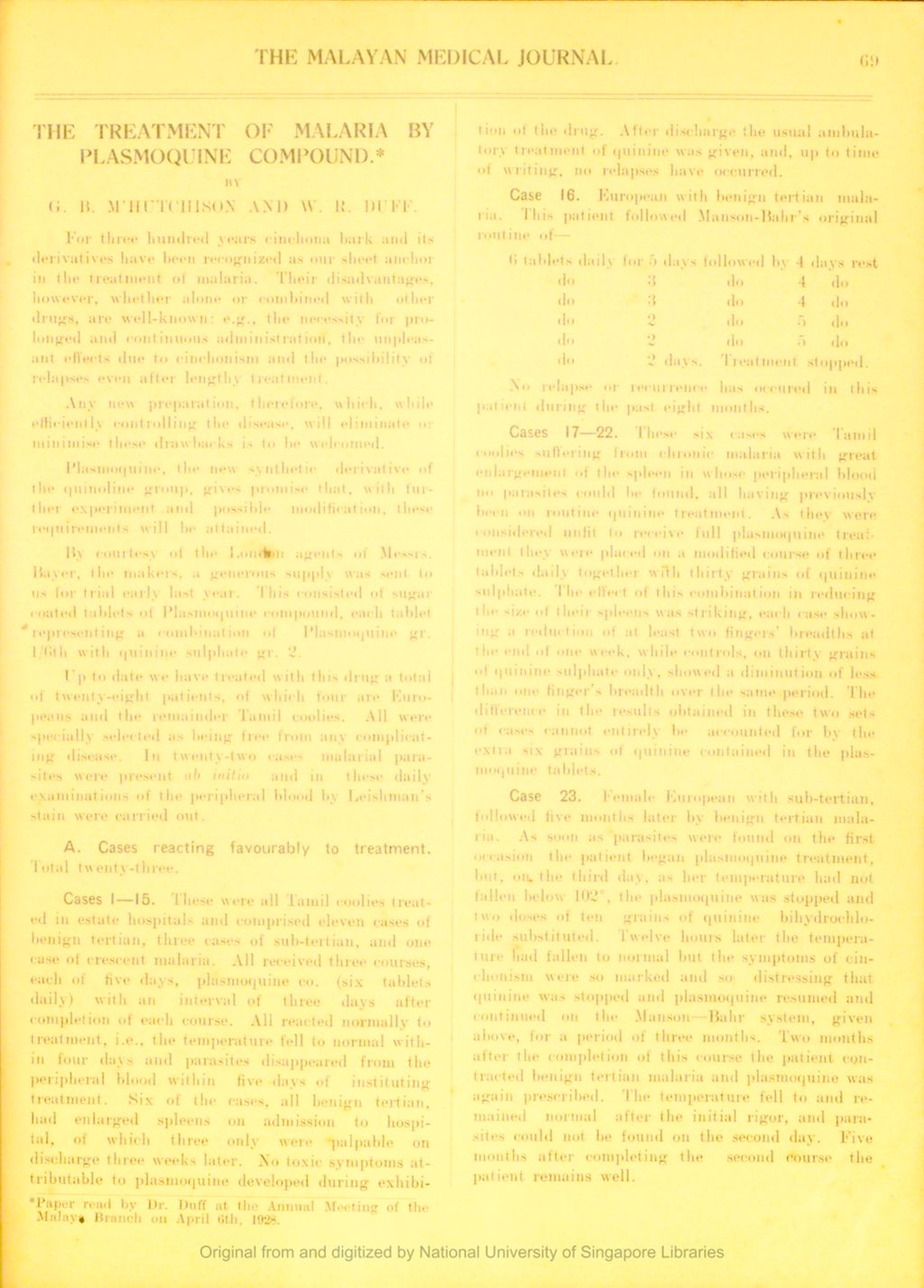 Miniature of Treatment of Malaria with Plasmoquine Compound