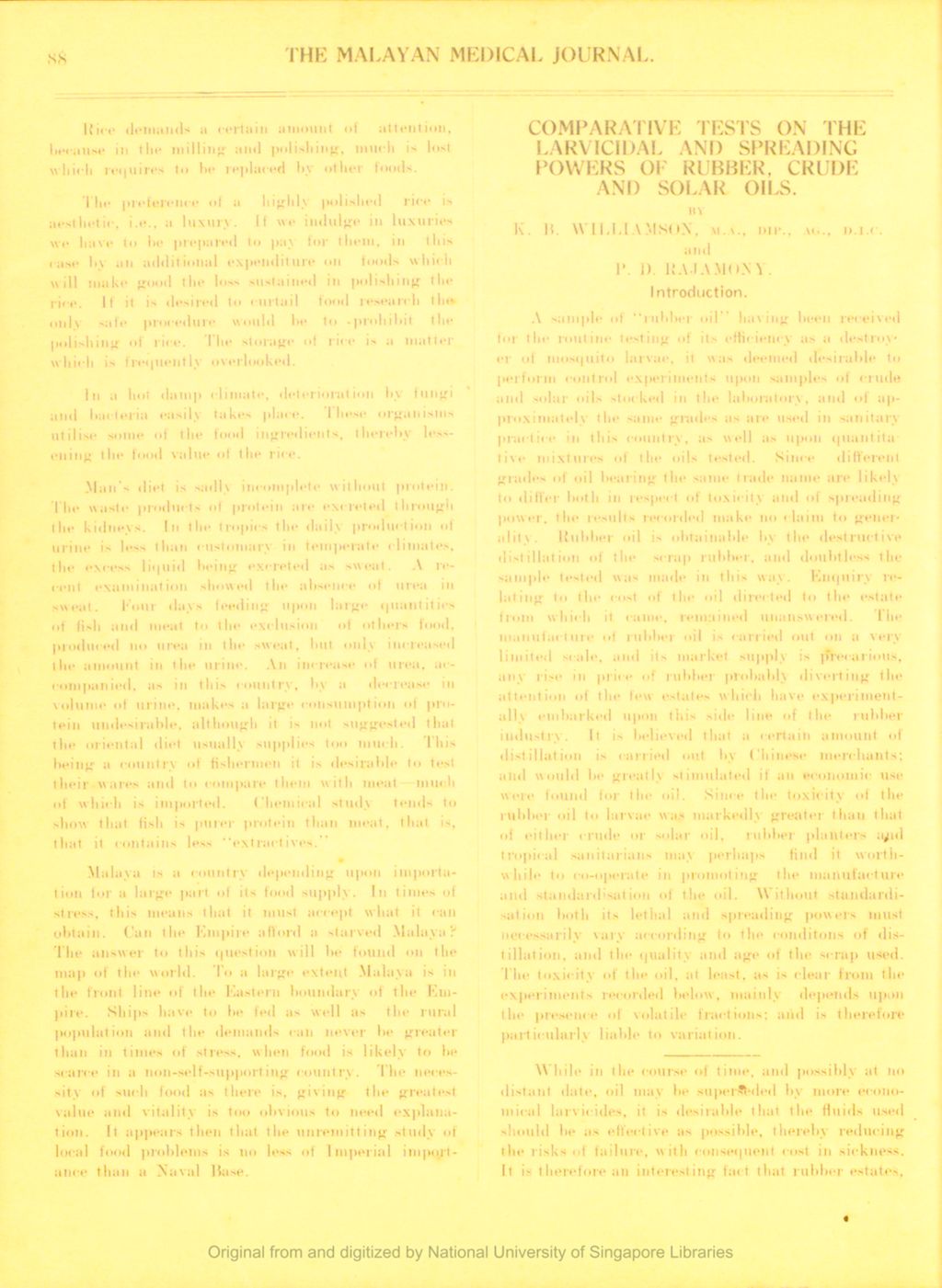 Miniature of Comparative Tests on (lie Larvicidal and Spreading Powers of Rubber, Crude and Solar Oils