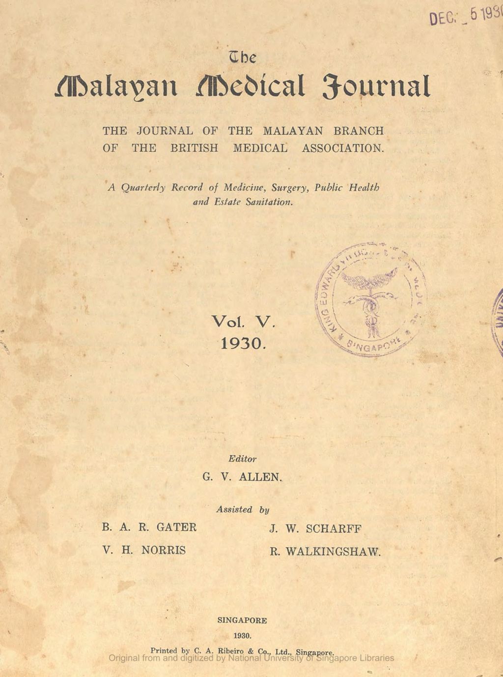 Miniature of The Malayan Medical Journal. Volume 5