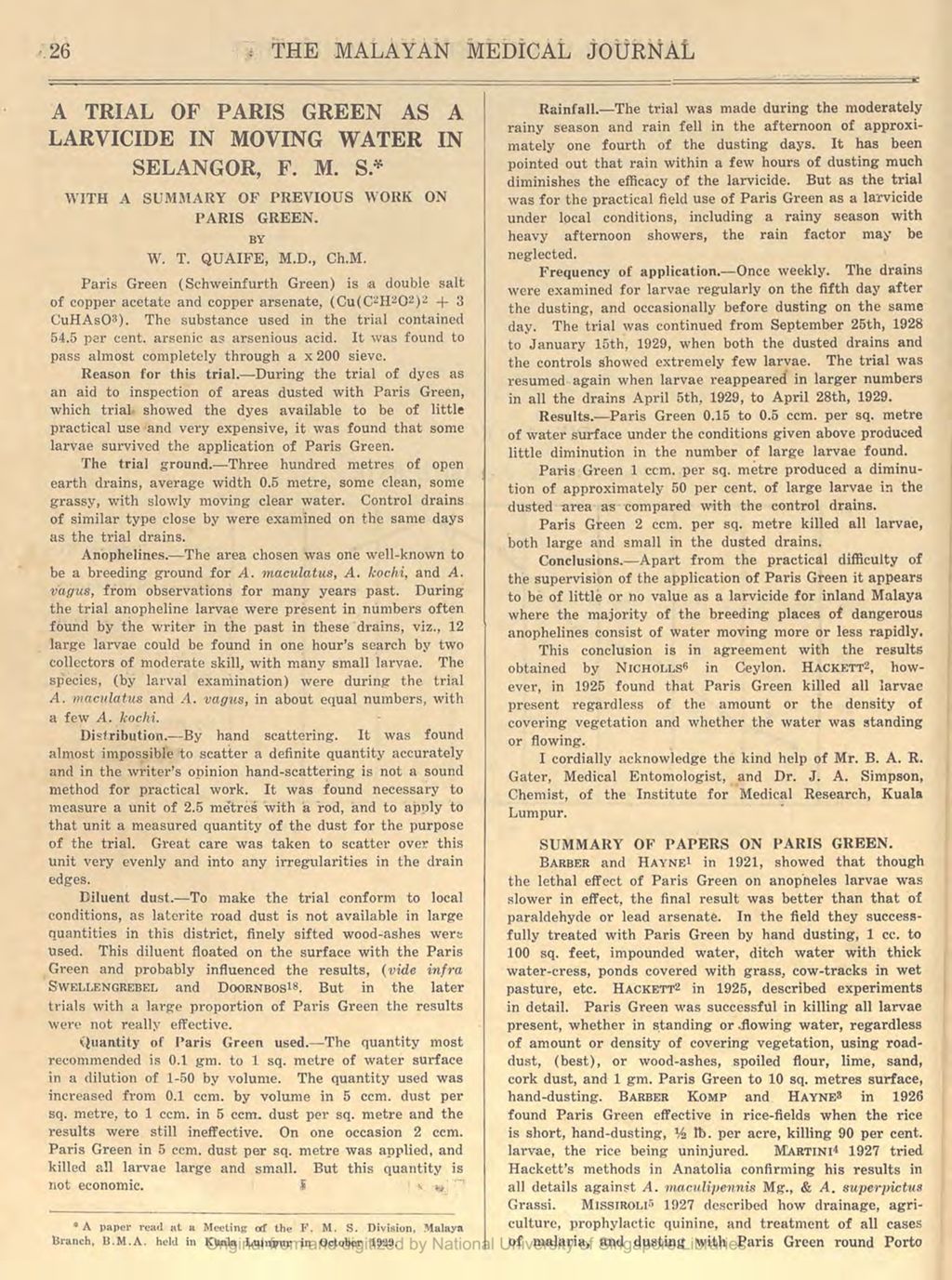 Miniature of Trial Of Paris Green As A Laryicide In Moving Water In Selangor, F. M. S. With A Summary Of Previous Work On Paris Green