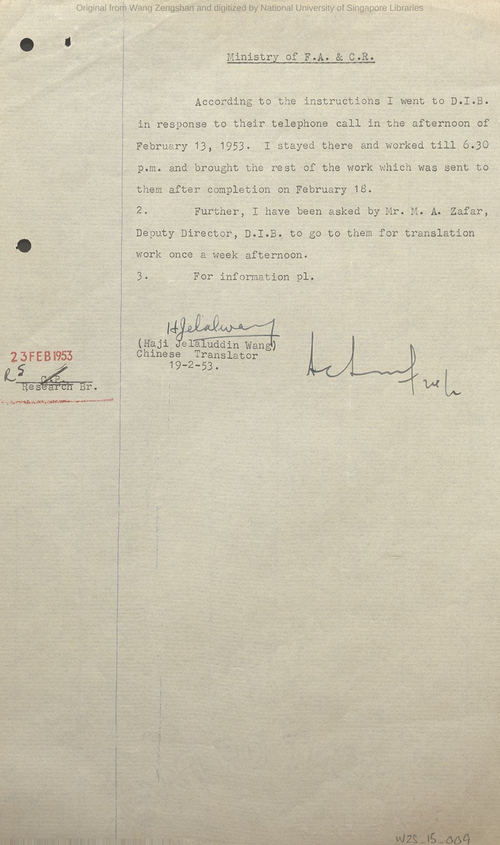 Miniature of Letter from Haji Jelaluddin Wang to C. P., Research Branch, Ministry of Foreign Affairs & Commonwealth Relations on 19 February 1953, reporting translation work given by M. A. Zafar, Deputy Director of the Directorate of Intelligence Bureau, Karachi