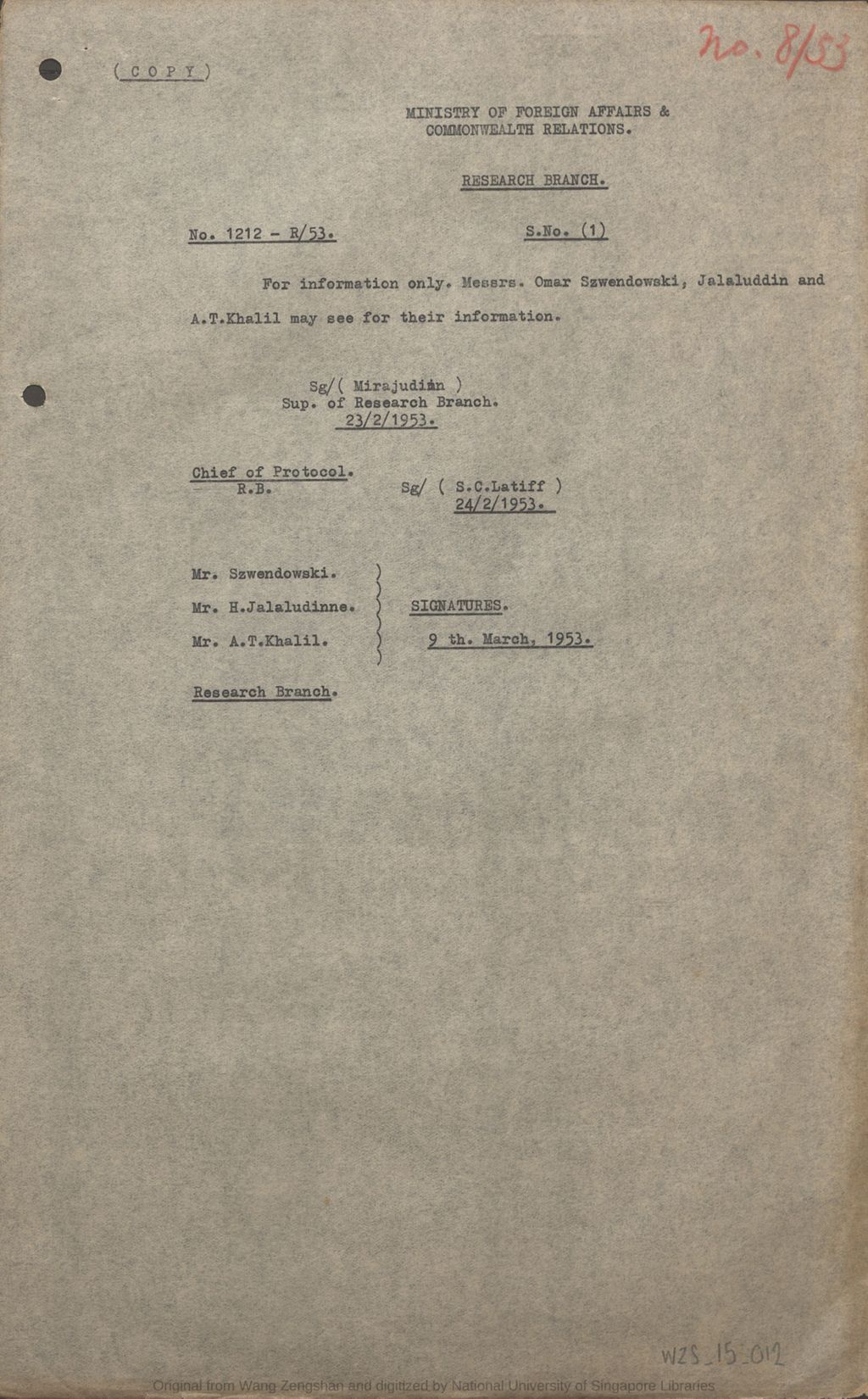 Miniature of Letter from Mirajudin, Sup. of Research Branch, Ministry of Foreign Affairs & Commonwealth Relations to Omar Szwendowski, Jalaluddin and A. T. Khalil on 23 February 1953