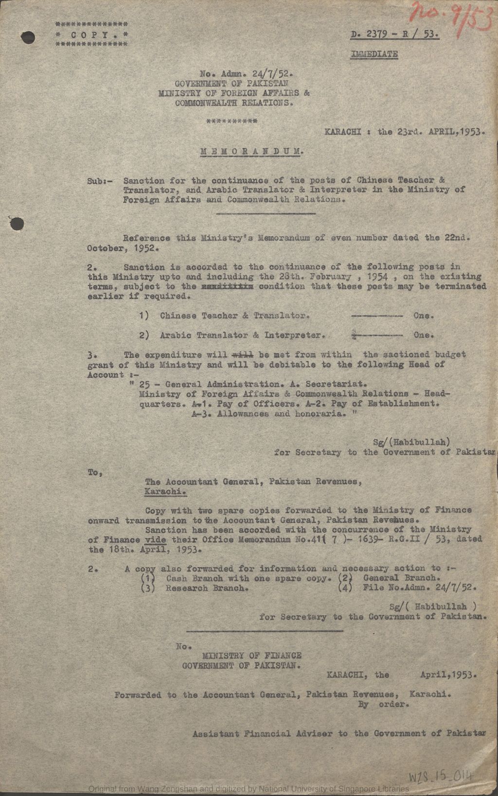 Miniature of Memorandum from Habibullah, for Secretary to the Government of Pakistan to the Accountant General, Pakistan Revenues, Karachi on 23 April 1953 regarding sanction for the continuance of the posts of Chinese teacher & translator, and Arabic translator & interpreter in the Ministry of Foreign Affairs and Commonwealth Relations