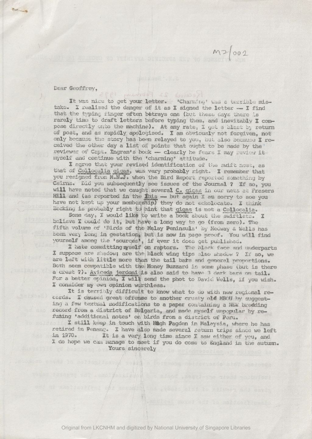 Miniature of Letter from the 5th Earl of Cranbrook to Geoffrey Allen on the swiftlet gigas not being a Collocalia and that gigas do not echolocate