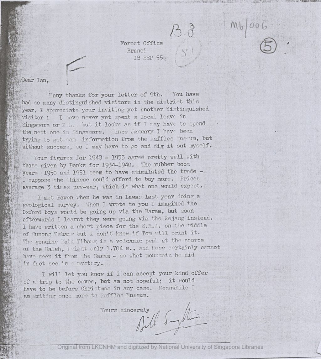 Miniature of Letter from Bill E. Symthies, Forest Officer, Brunei to Ian Urquhart, District Officer, Marudi, Baram concerning his plan to visit Singapore, figures given by Urquhart, and on Batu Tibang