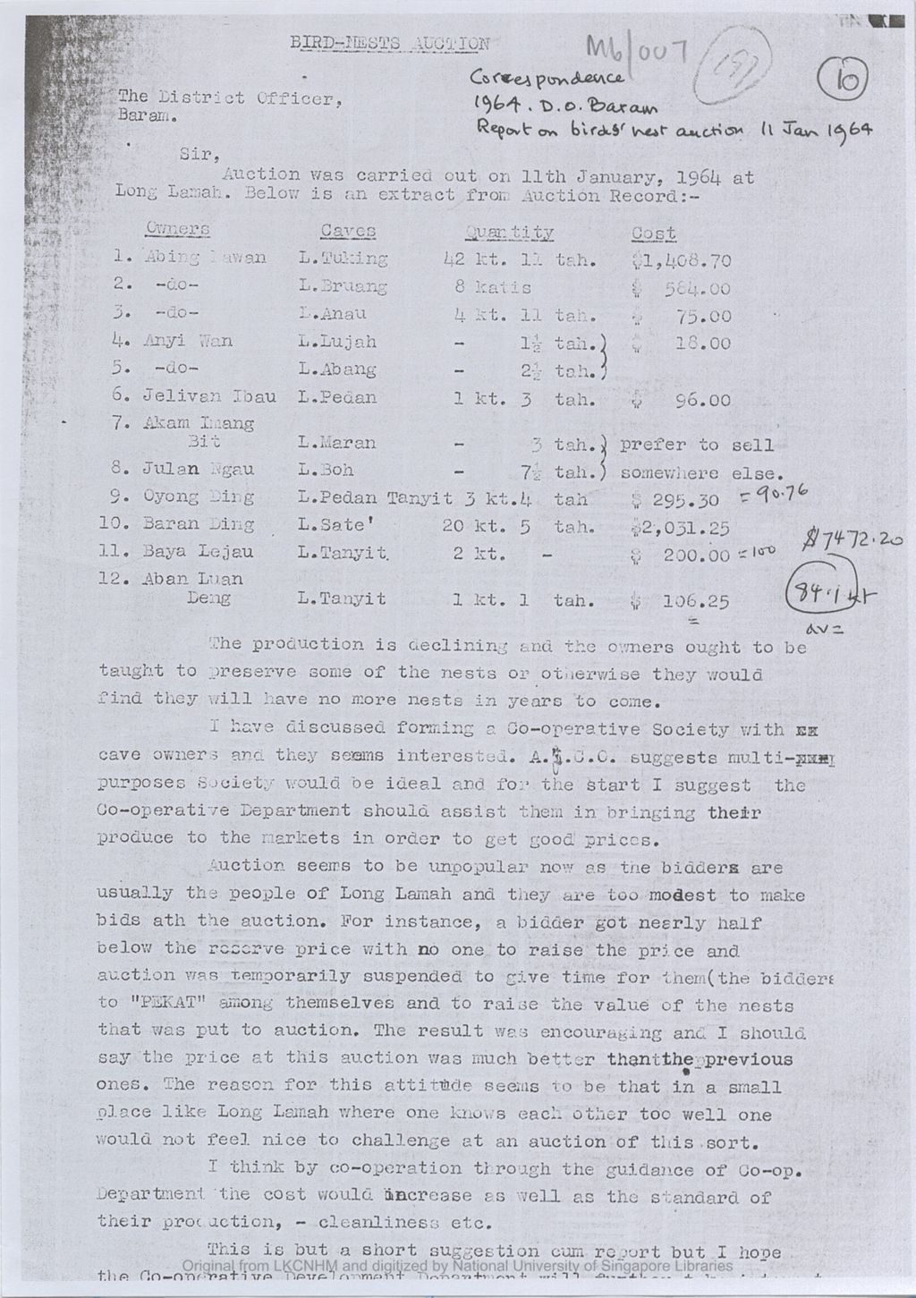 Miniature of Letter from unknown person to Ian Urquhart, District Officer, Marudi, Baram on the bird-nests auction carried out on 11th January 1964 at Long Lamah