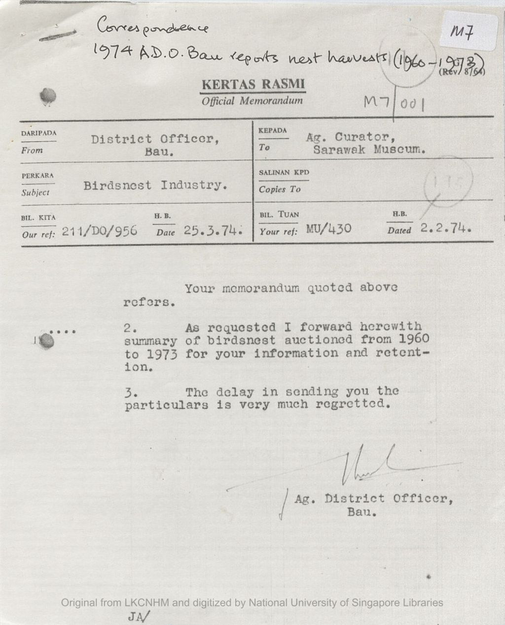 Miniature of Letter from Acting District Officer, Bau to Acting Curator of Sarawak Museum attaching summary of birds nest auctioned from 1960 to 1973