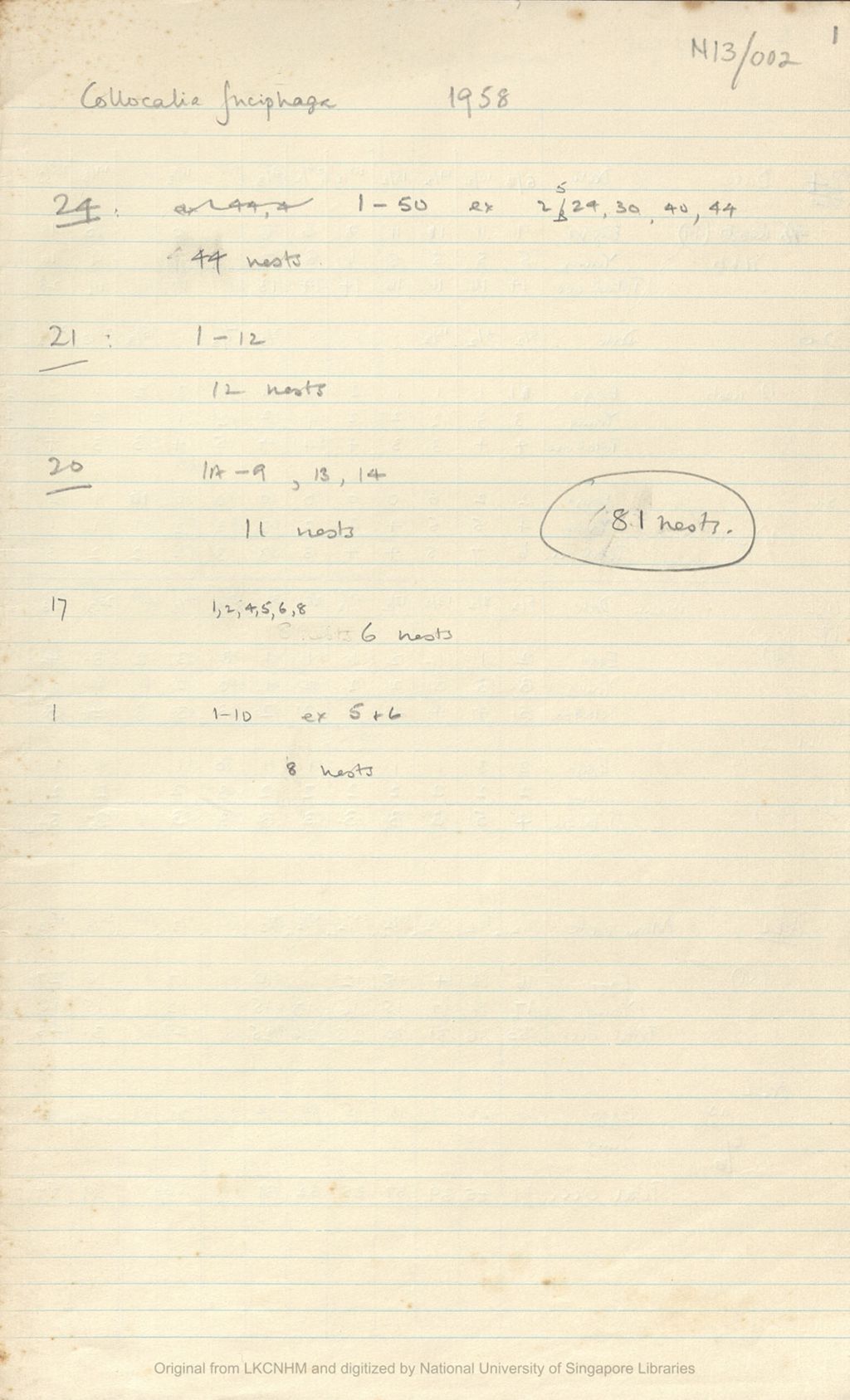 Miniature of Fieldnotes: breeding records at Niah Caves: Collocalia fuciphagus, 1958