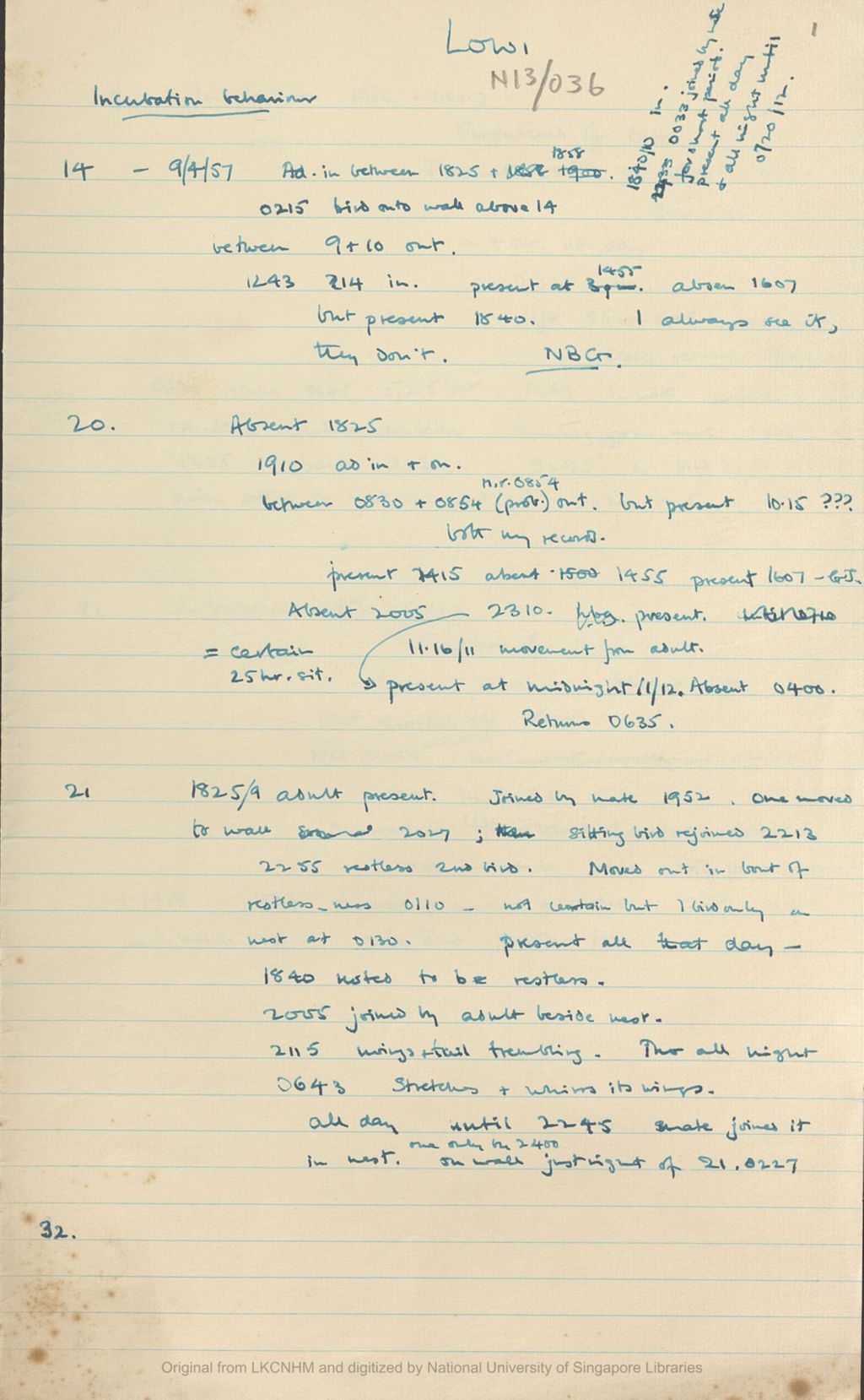 Miniature of Fieldnotes: breeding records at Niah Caves: lowi: incubation behaviour