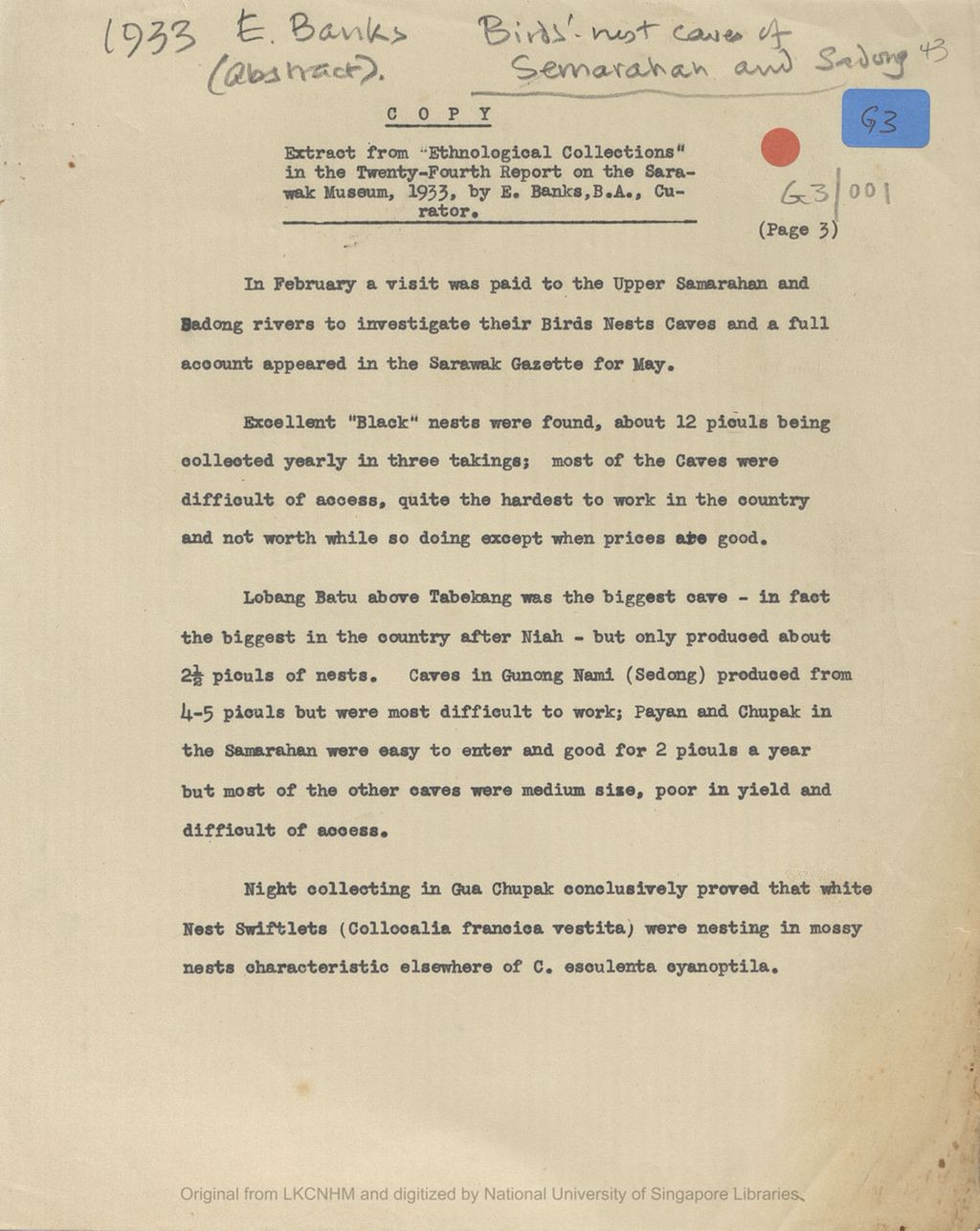 Miniature of Extract from "Ethnological Collection" in the 24th report on the Sarawak Museum : birds'-nest caves of Semarahan and Sadong