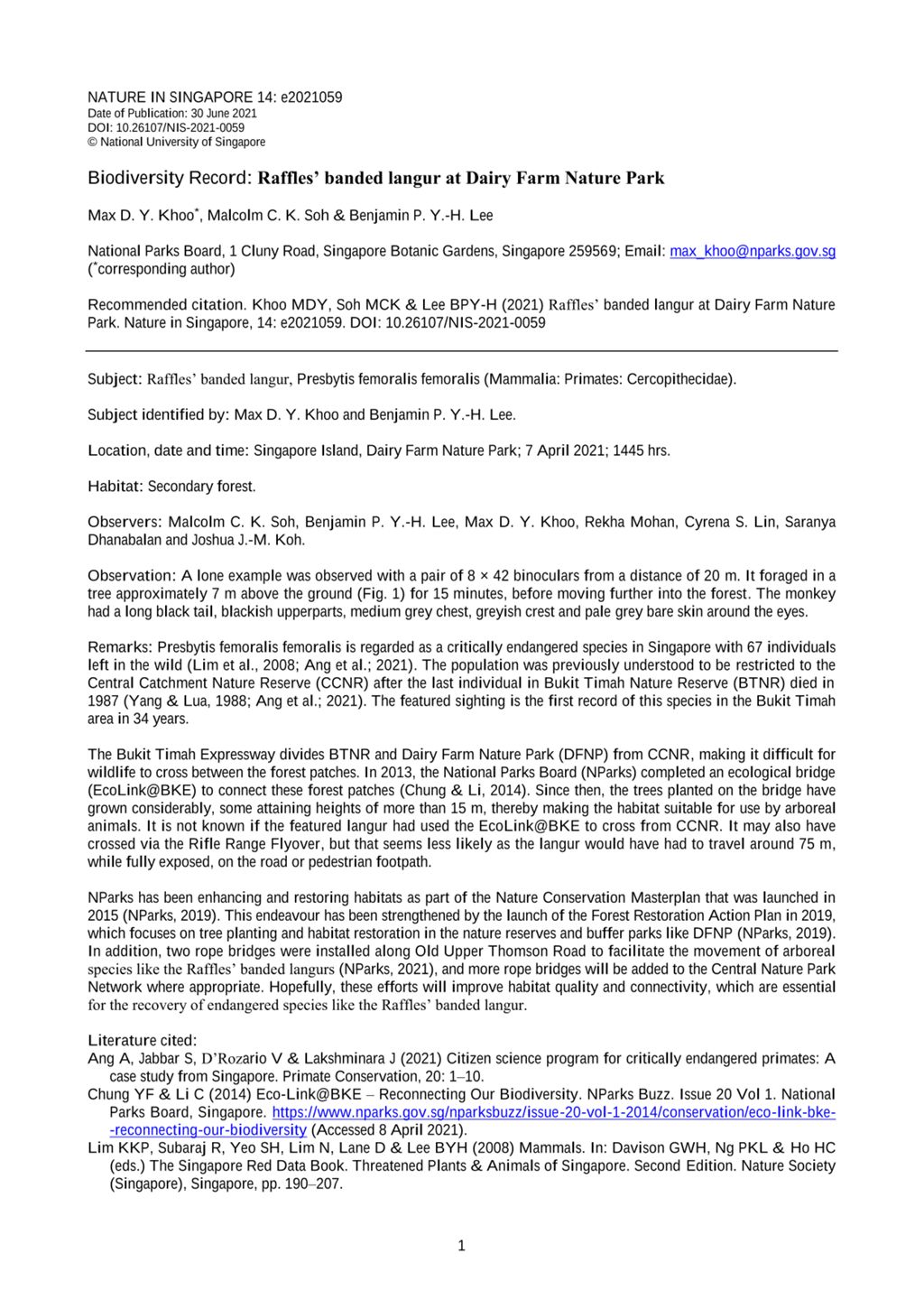 Miniature of Biodiversity record: Raffles’ banded langur at Dairy Farm Nature Park