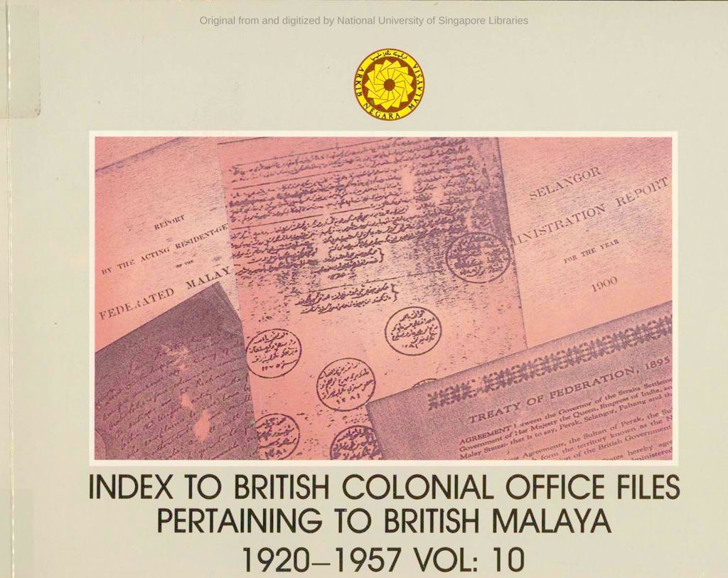 Miniature of Index to British Colonial Office files pertaining to British Malaya, Volume 10. CO 717 (Malay States); CO 953 (Singapore); CO 1022 (South East Asia Department); CO 1030 (Far Eastern Department): File list and index