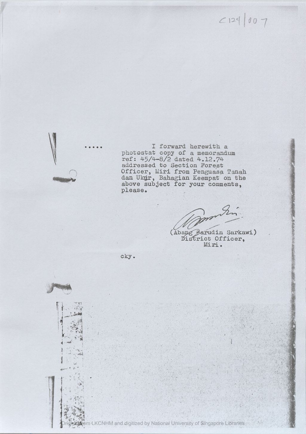 Miniature of Letter from District Officer, Miri concerning a memorandum from Lawrence Tan (from Penguasa Tanah Dan Ukur, Bahagian Keempat) to Section Forest Officer, Miri, Sarawak on application for licenses to collect birds' nests