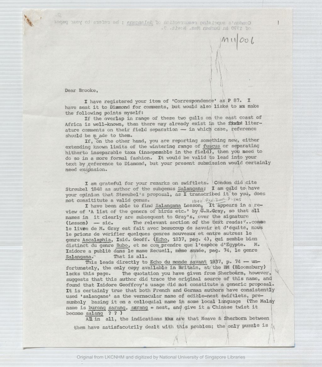 Miniature of Letter from the 5th Earl of Cranbrook to Richard K. Brooke commenting on his work. He also discussed the Salanga swiftlet