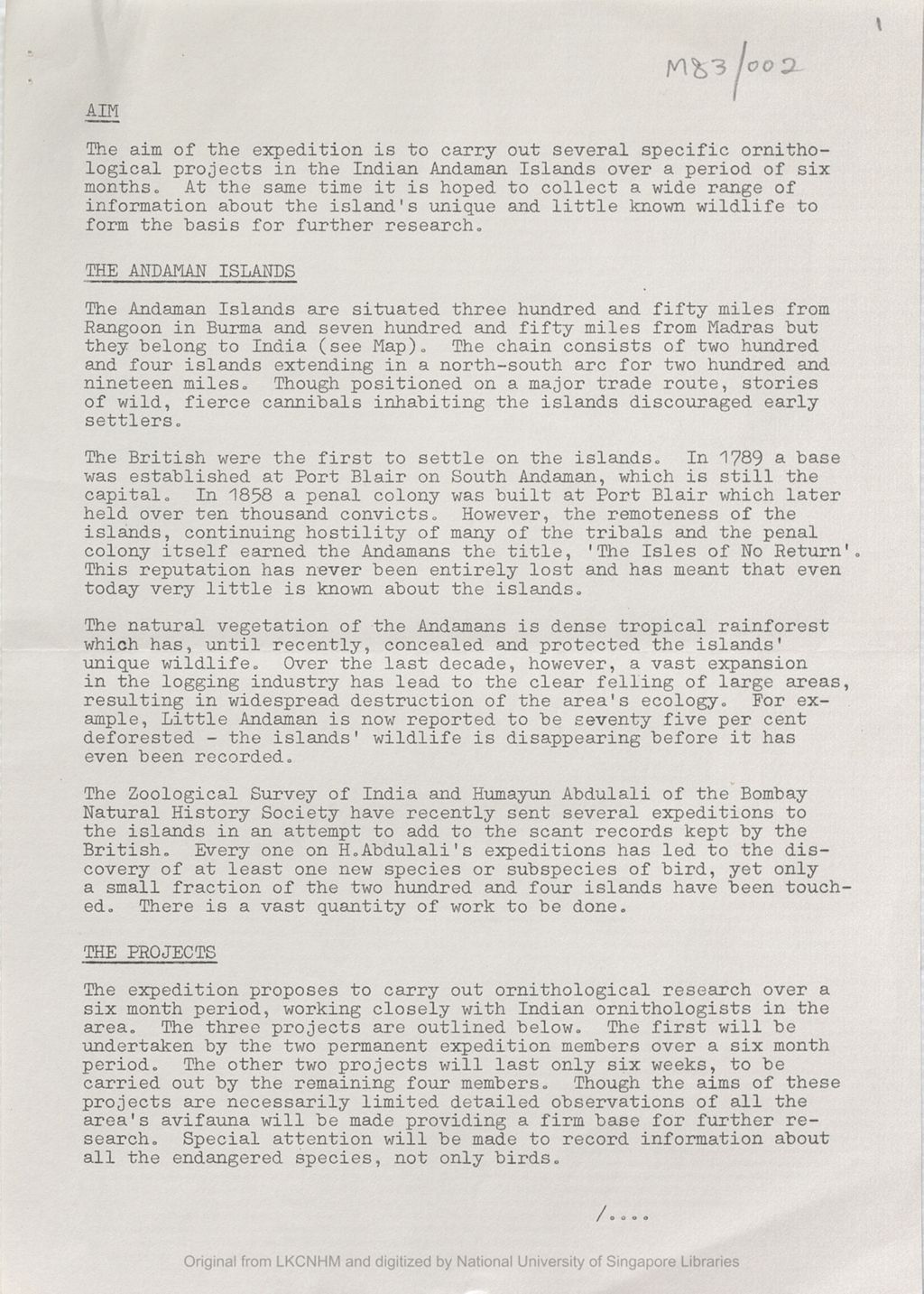 Miniature of Provisional prospectus for a six-month Oxford University zoologial expedition to the Andaman Islands: general [re: Letter from Michael Rands to the 5th Earl of Cranbrook dated 1982/01/25]