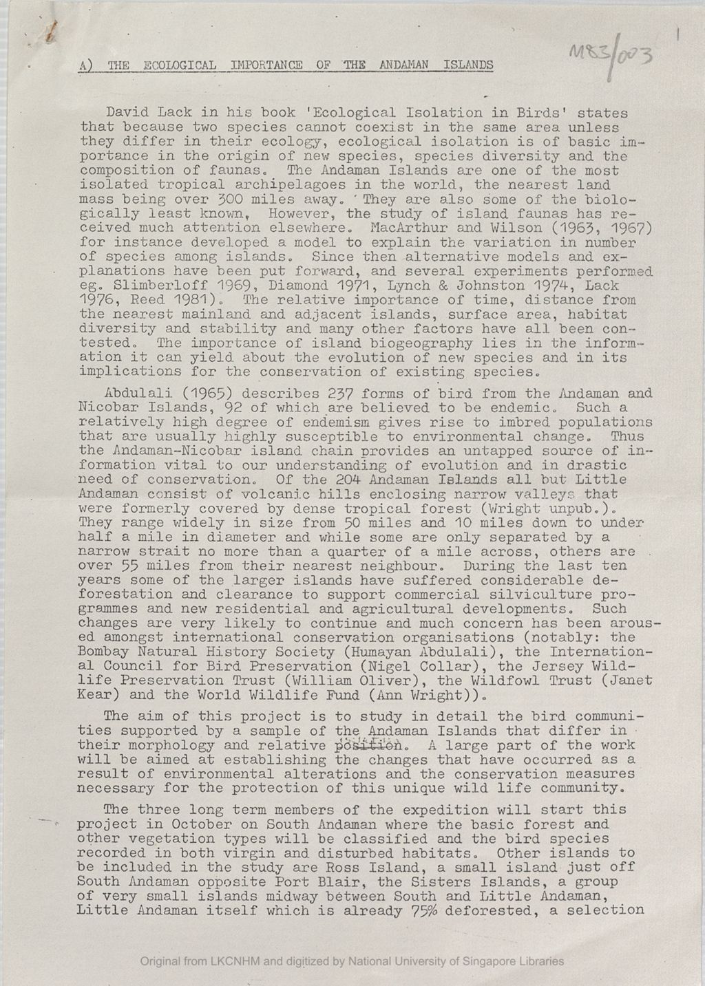 Miniature of Provisional prospectus for a six-month Oxford University zoologial expedition to the Andaman Islands: the ecological importance of the Andaman Islands [re: Letter from Michael Rands to the 5th Earl of Cranbrook dated 1982/01/25]