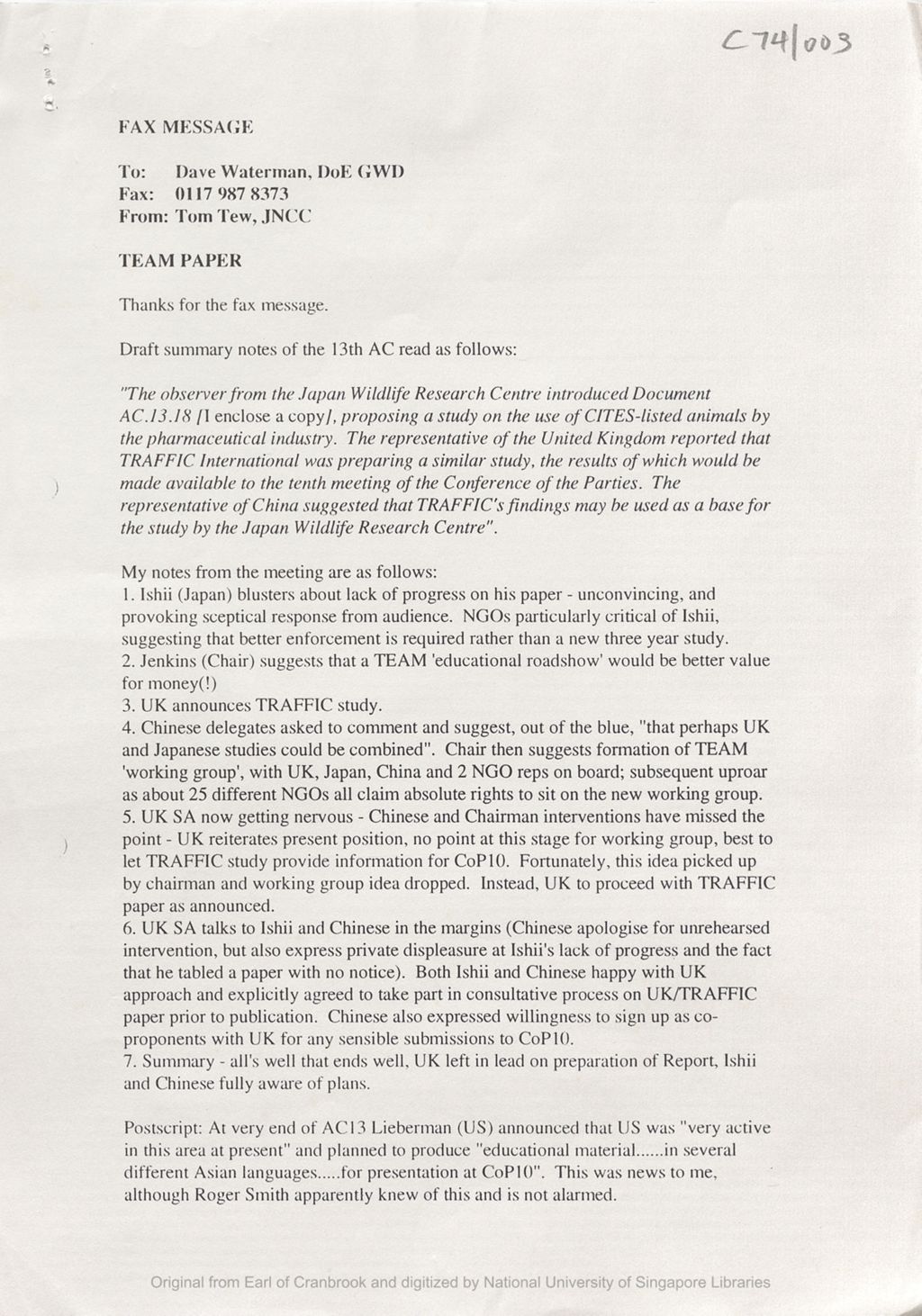 Miniature of Fax message from Tom Tew to Dave Waterman concerning the draft summary notes of the 13th AC