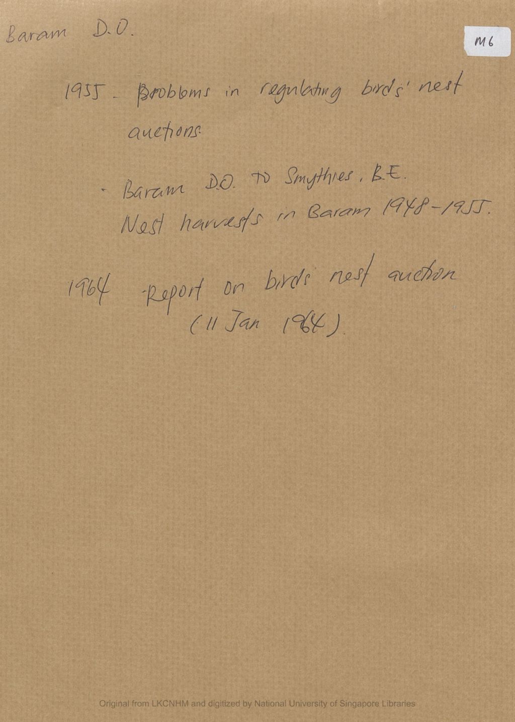 Miniature of Letter from Ian Urquhart, District Officer, Marudi, Baram to the Chairman Local Authority on the arrangement of five cents out of every ten dollars worth of nests sold to be given to the Local Authority to help Local Authority schools. The money would be taken from the auction that had made the most revenue for the year