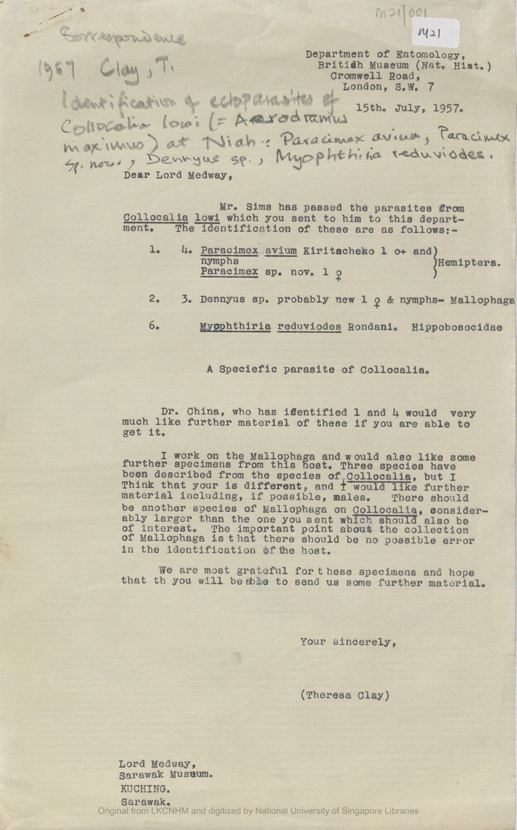 Miniature of Letter from Theresa Clay to the 5th Earl of Cranbrook on identification of ectoparasites of Collocalia lowi (=Aerodramus maximus) at Niah: Paracimax avium, Paracimex sp. , Denyus sp. , Myophthiria reduviodes