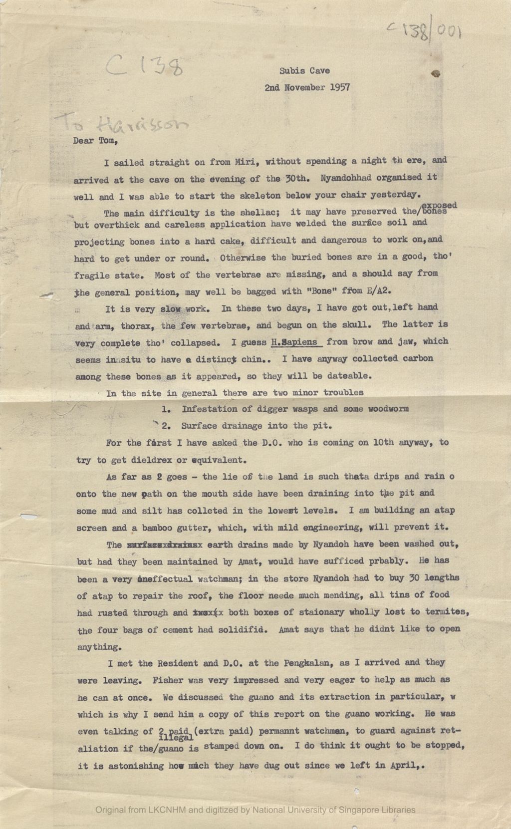 Miniature of Letter from the Earl of Cranbrook to Tom Harrisson with title 'Subis Cave'. The letter concerned a human skeleton as well as conditions of the site